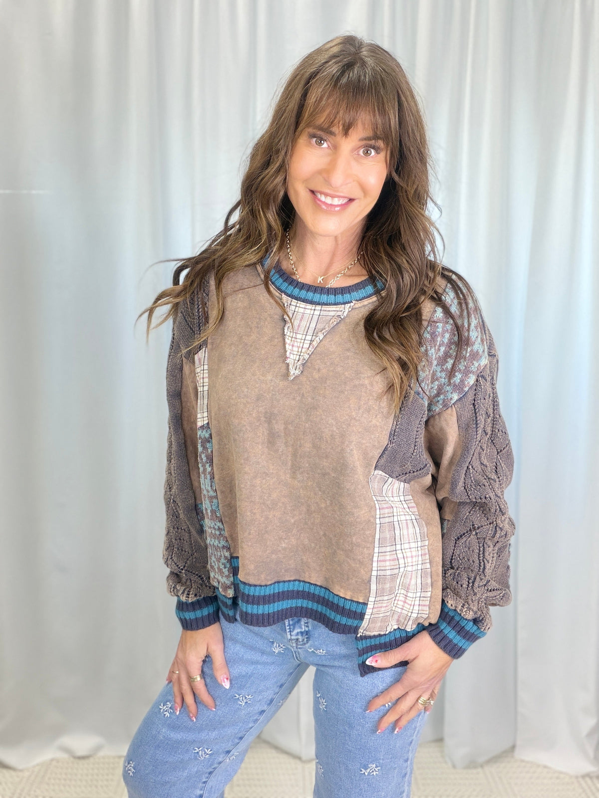 Oli & Hali Patchwork Cozy Crew In Charcoal *Final Sale*
