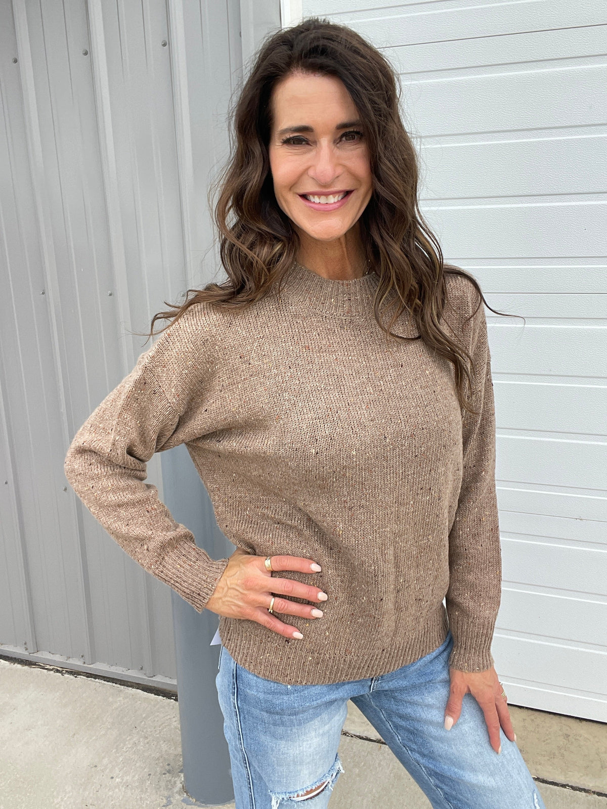 Give In Long Sleeve Speckled Sweater In 2 Colors: Oatmeal, Brown