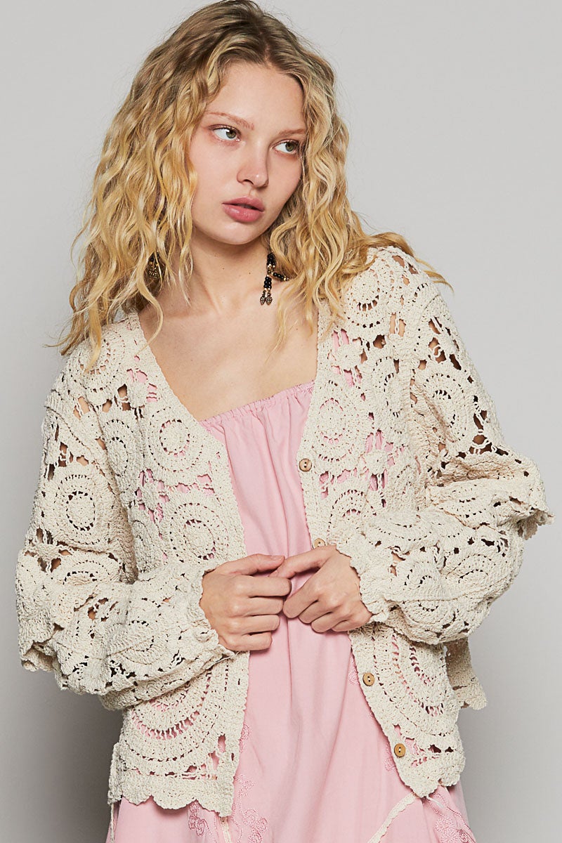 POL Fight For Me V-Neck Long Sleeve Crochet Cardigan In 2 Colors