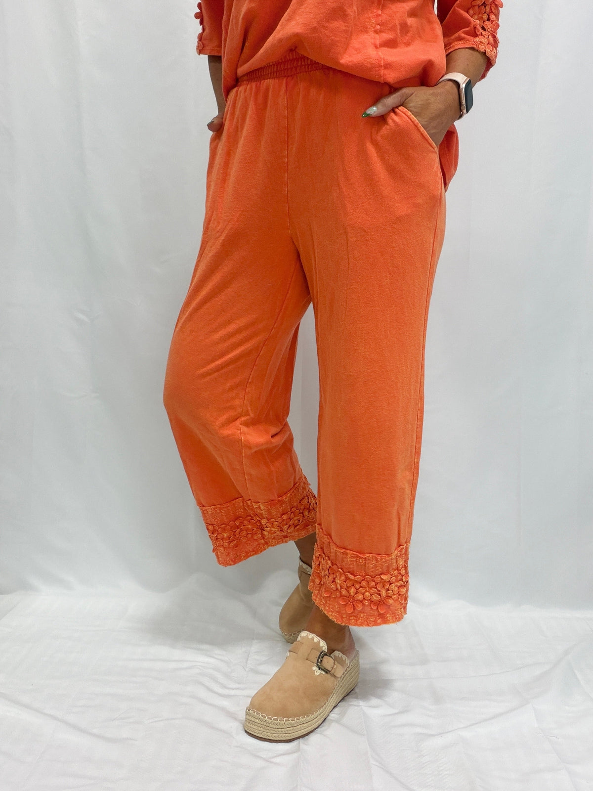 Petal Pusher Mineral Washed Floral Trim Lounge Pants in 3 Colors