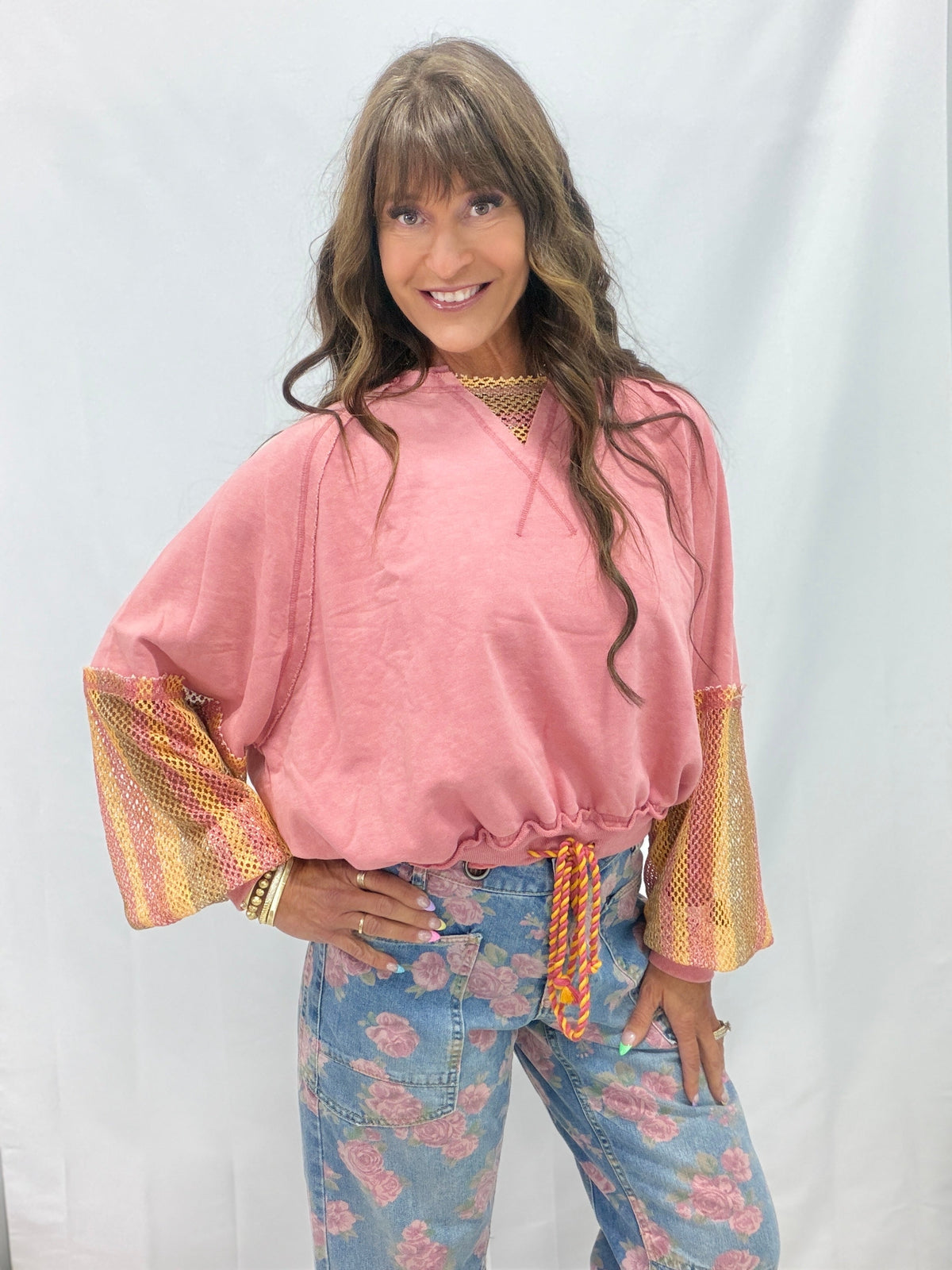 Oli & Hali Sunset Daydream Mesh Sleeved Pullover In Pink