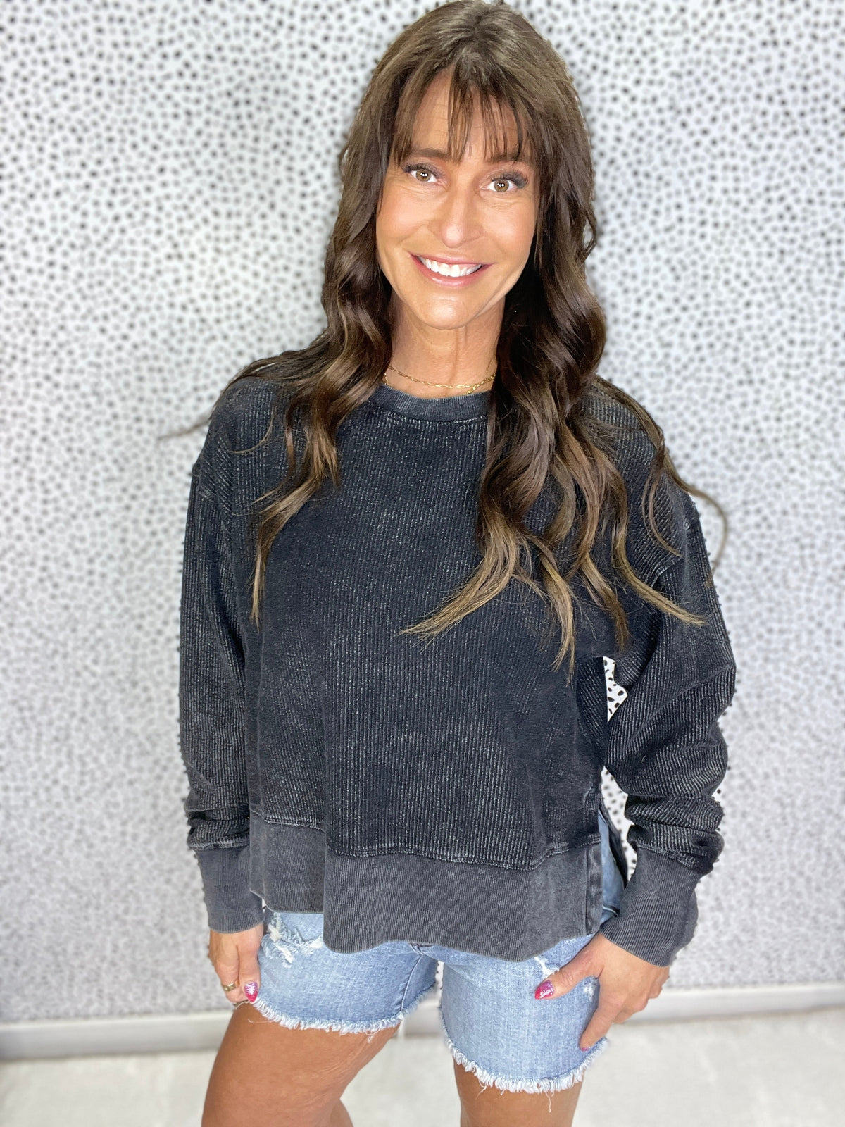 Snow Washed Mom Crop Corded Crewneck Pullover Sweatshirt in 5 Colors