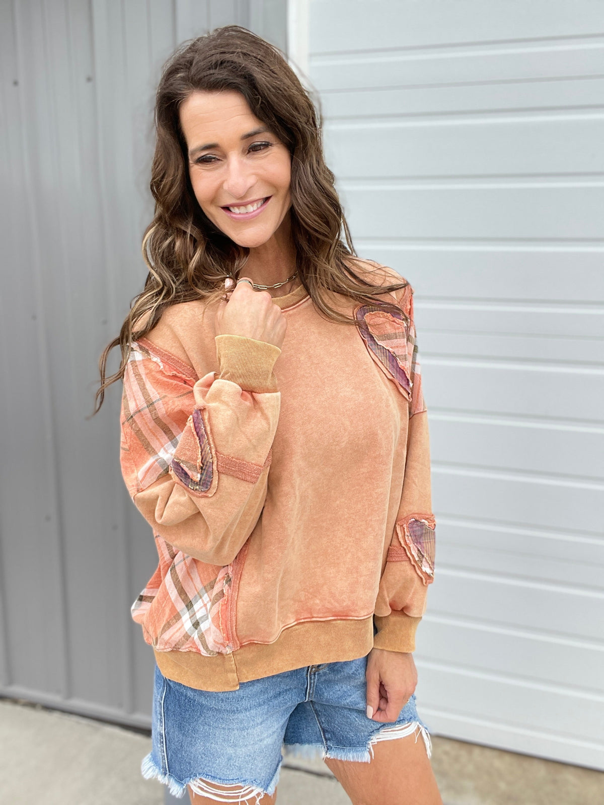 All My Heart Patch Mineral Washed Pullover In 2 Colors: Golden, Pumpkin