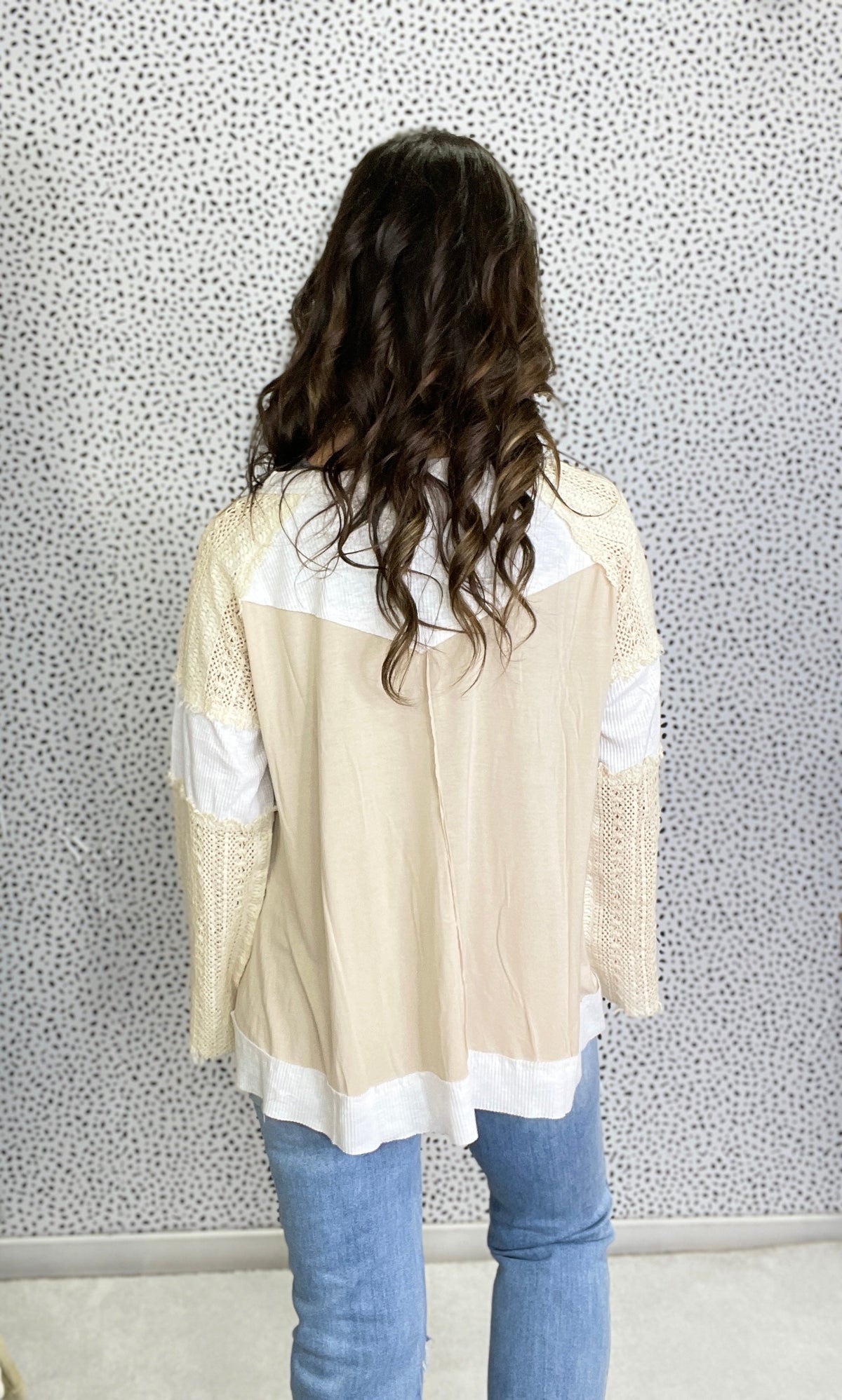POL Add It Up Straight Long Sleeves Round Neck Top In Oatmeal *Final Sale*