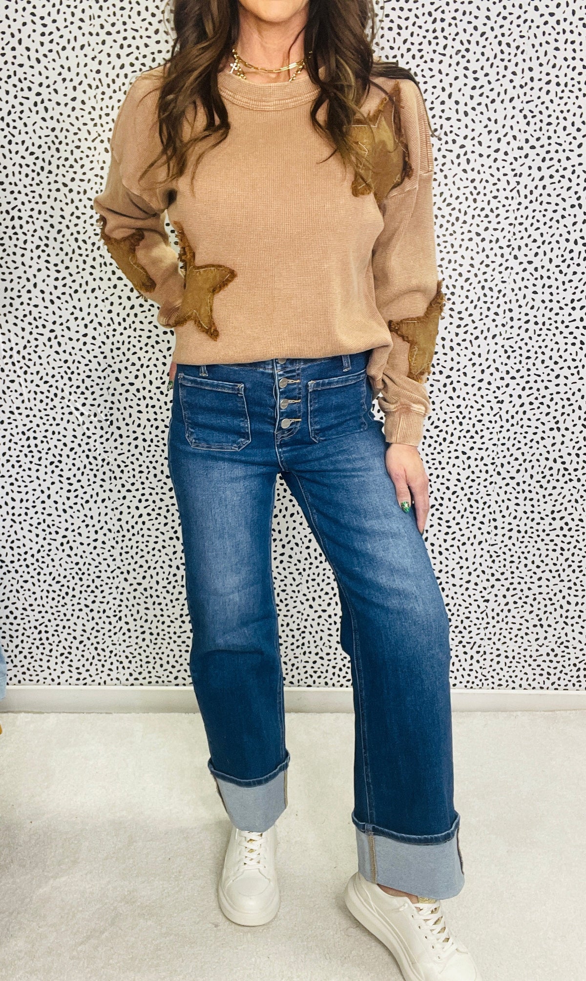 Risen Cindy High Rise Wide Bottom Button Down Front Patch Pocket Cuffed Jeans 965
