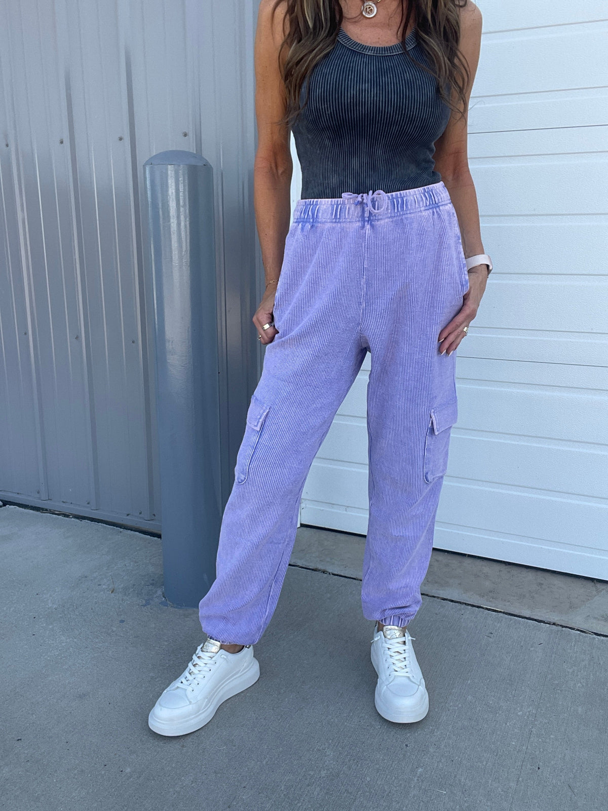Corded Snow Washed Relaxed Jogger In 3 Colors: Black, Light Mocha, Light Purple