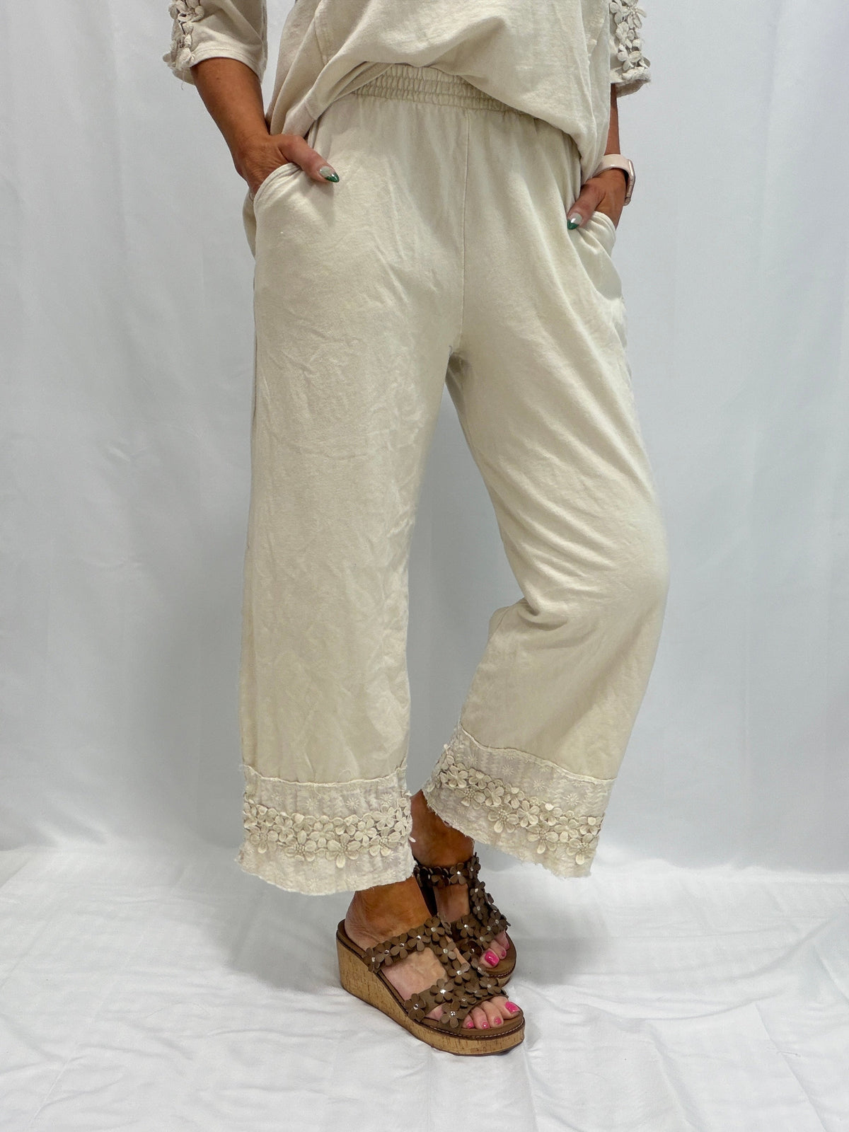 Petal Pusher Mineral Washed Floral Trim Lounge Pants in 3 Colors
