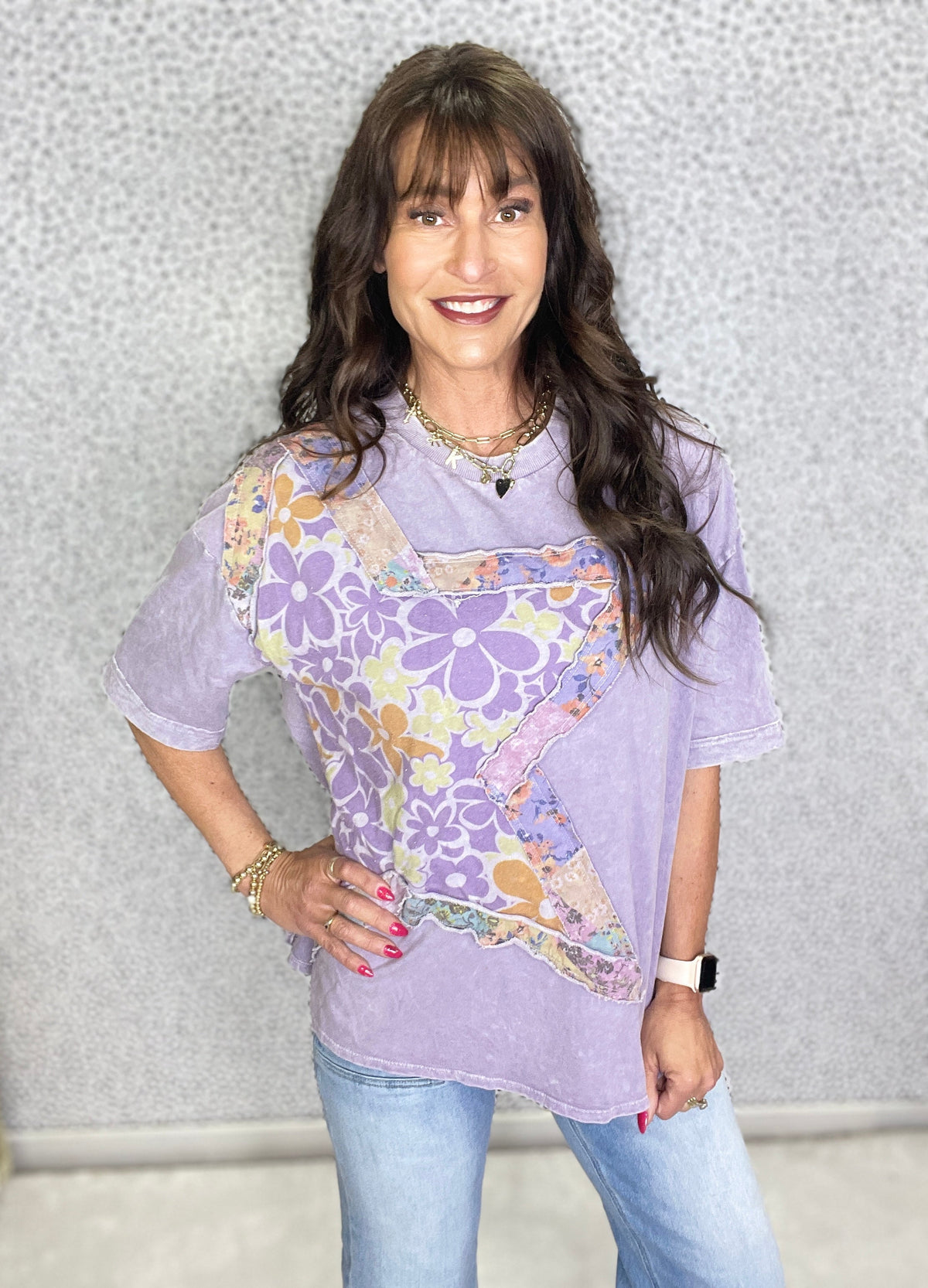 Starry Bloom Mineral Wash Star Floral Patch Tee In 4 Colors
