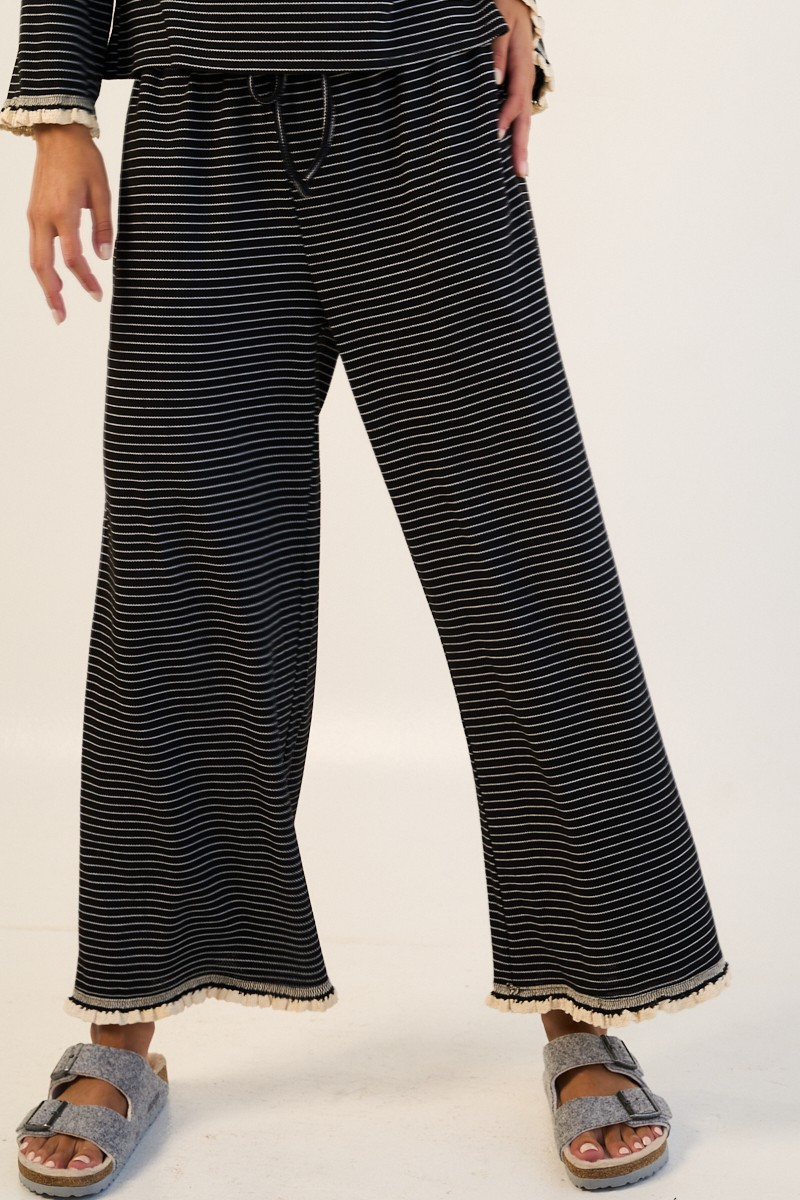 Striped Ruffle Edge Pants In Black