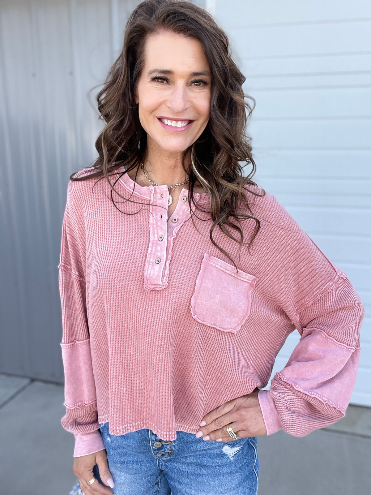 Step Right Up Thermal Mix Top In 3 Colors: Brown, Rose, Khaki *Final Sale*