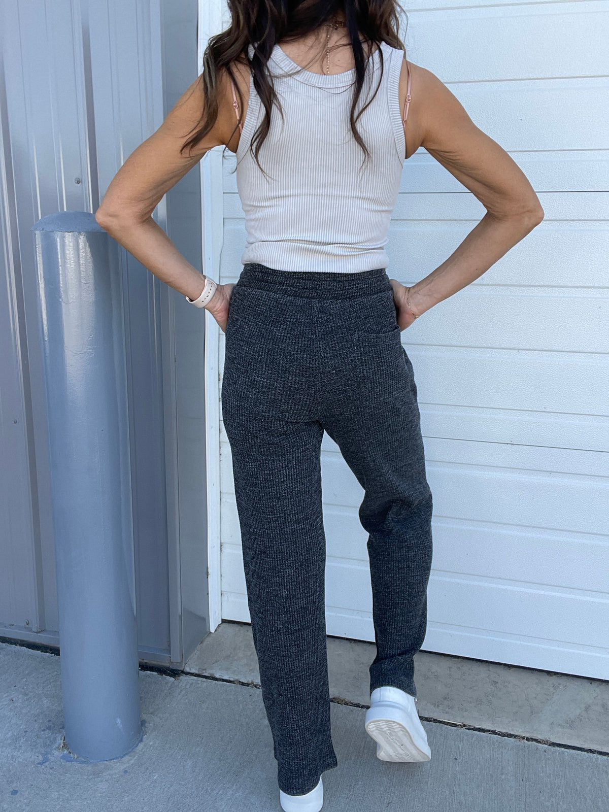 On To The Weekend Cotton Waffle Knit Straight Leg Casual Pants In 3 Colors: Black, Brown, Blue