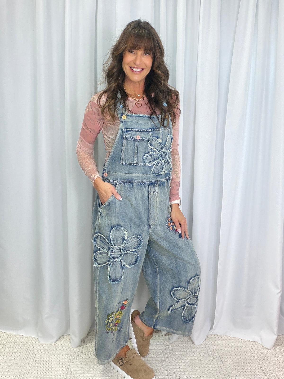 Flower Patchwork Overalls In Denim