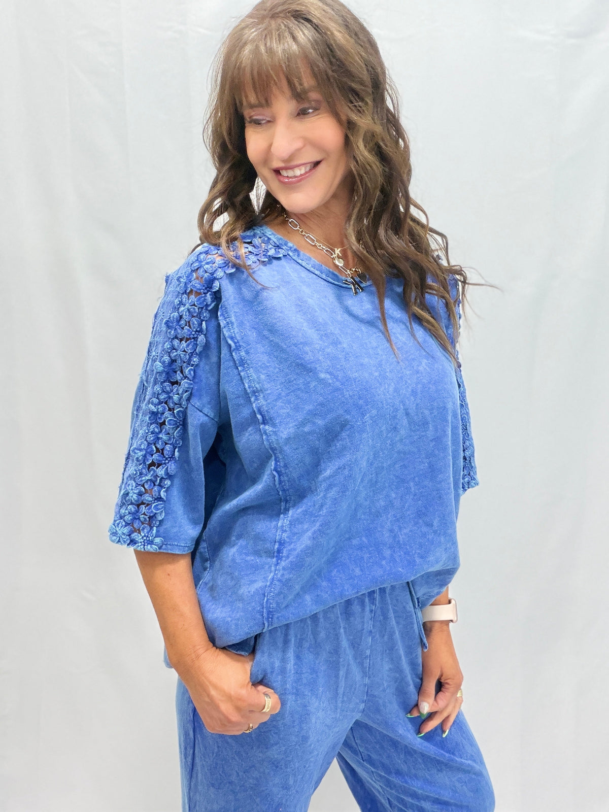 Petal Pusher Mineral Washed Flower Trim Lounge Top In 4 Colors