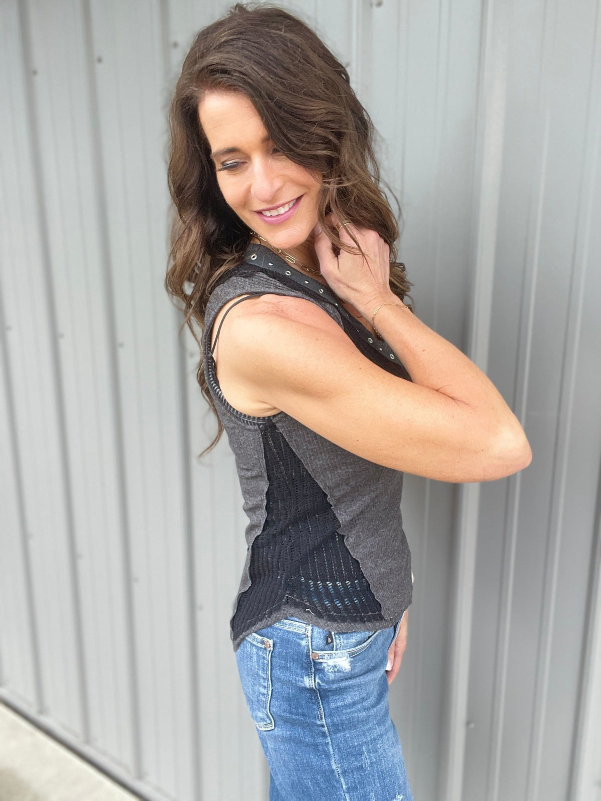 Pol Rock And Roll Sleeveless Top In Charcoal *Final Sale*