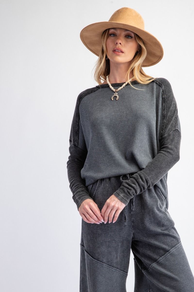 Some Fun Mineral Washed Knit Top In 2 Colors: Mocha, Black *Final Sale*