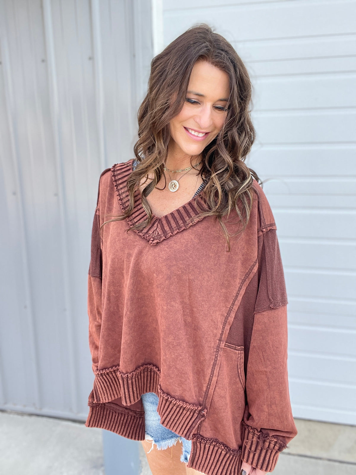 Oli & Hali Time For Comfort Oversized Terry Knit V-Neck Top In 3 Colors: Green, Black, Chili *Final Sale*