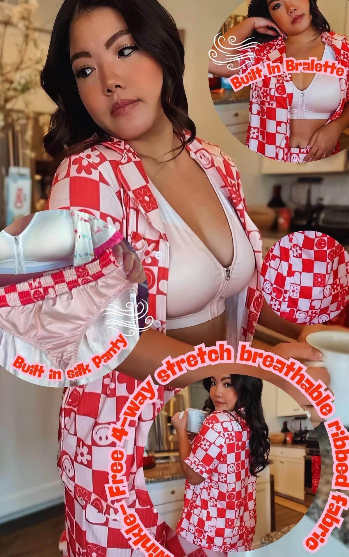 Lounging Around Button Front Short Sleeve Two Piece Pajamas With Built In Bra And Panties *Final Sale*
