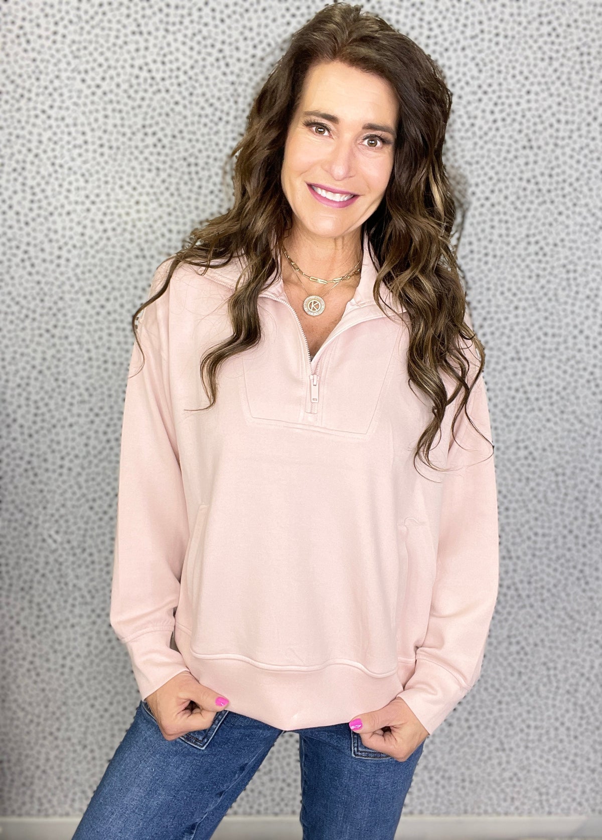 Urban Charm Scuba Quarter Zip Pullover In Baby Pink