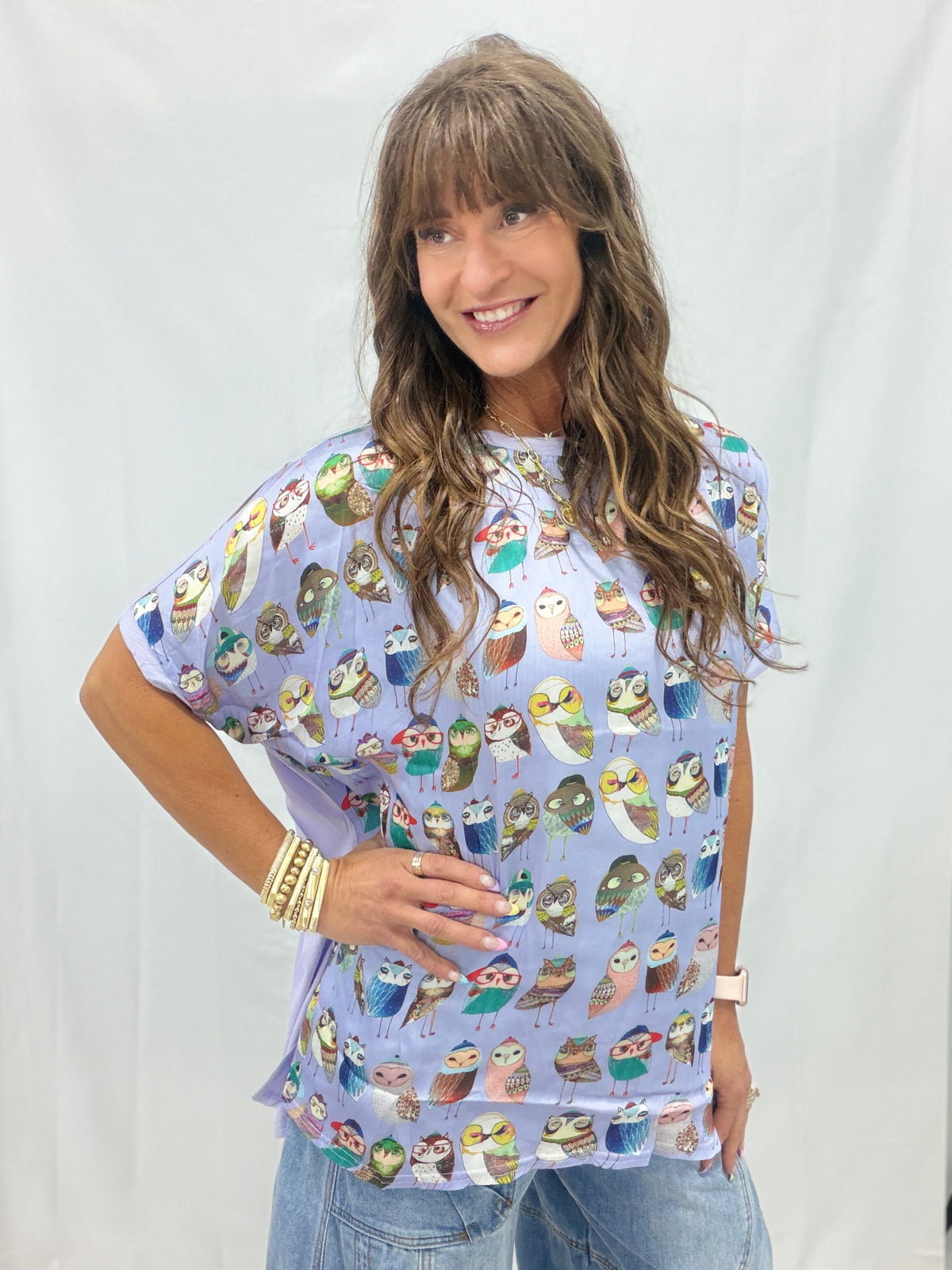 Golden Hour Glow Owl Print Loose Fit Top In Peri Blue
