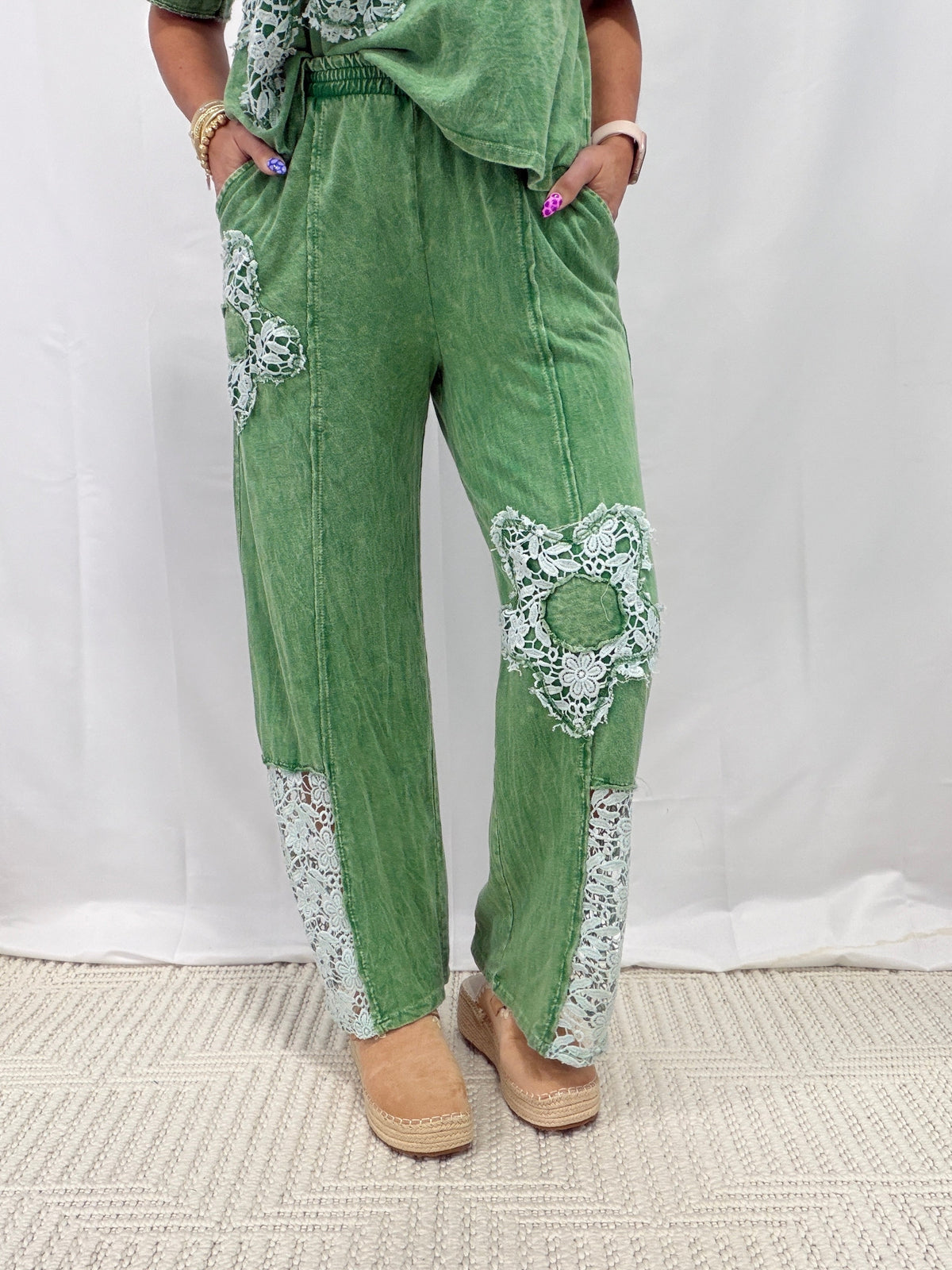 Floral Fun Crochet Patched Pants In 4 Colors