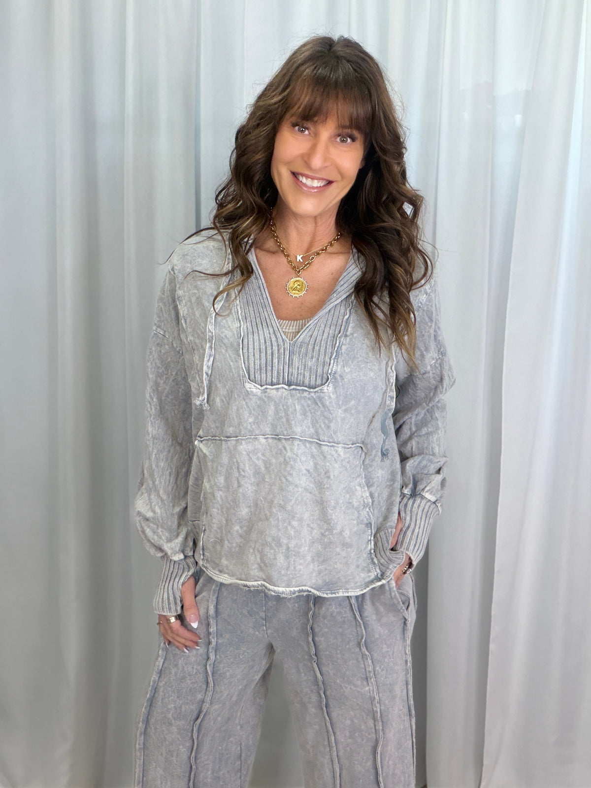 Lucky Lady Ribbed Accent Lightweight Hoodie Top In 3 Colors