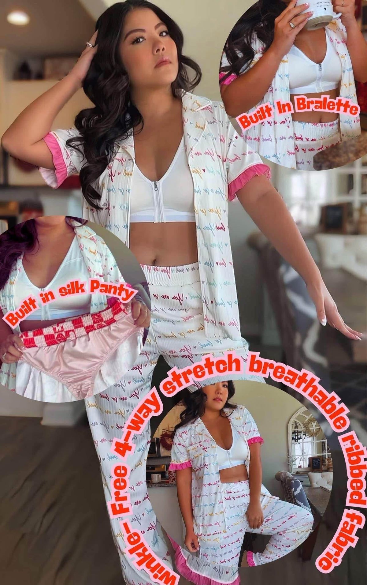 Lounging Around Button Front Short Sleeve Two Piece Pajamas With Built In Bra And Panties *Final Sale*