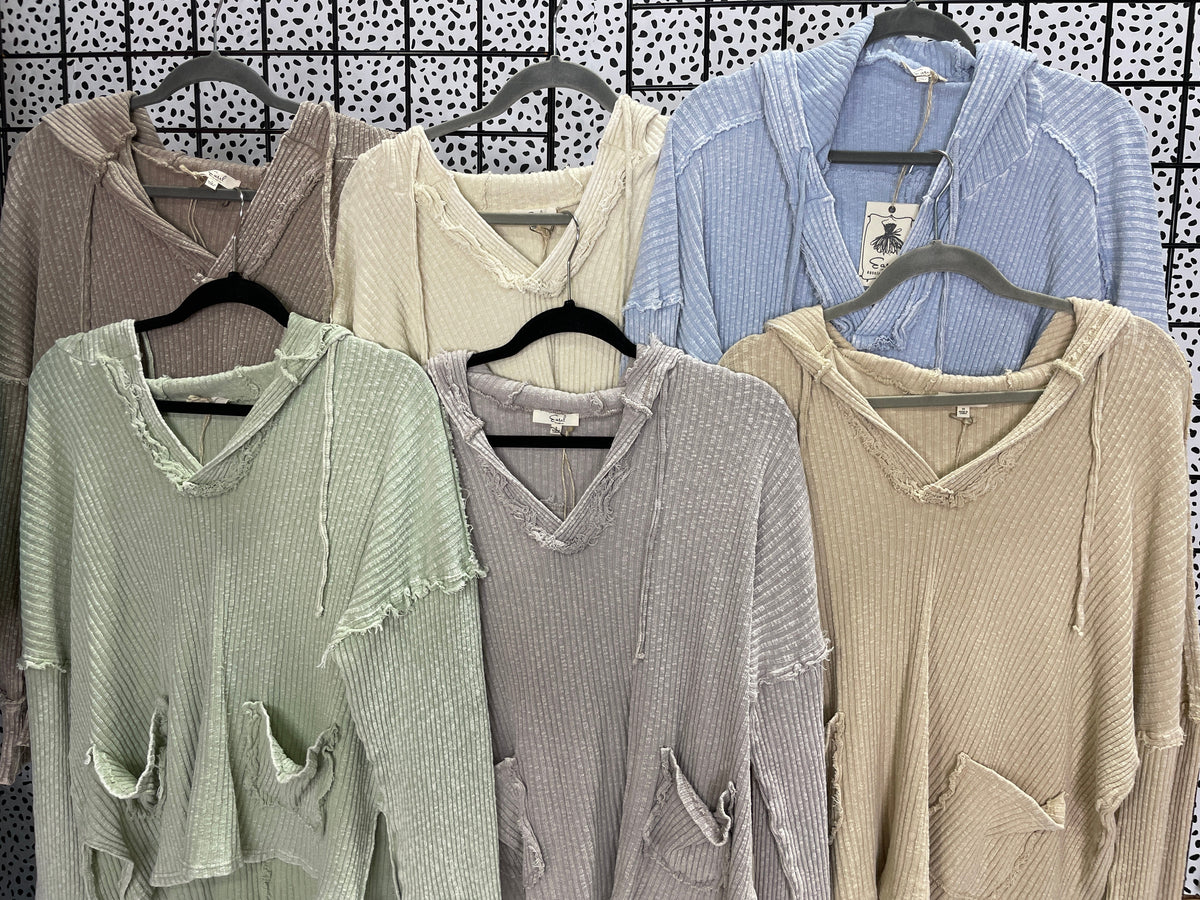 Set Your Goals Rib Knit Hoodie In 7 Colors: Khaki, Plum, Mocha, Blue, Mushroom, Oatmeal, Sage *Final Sale*