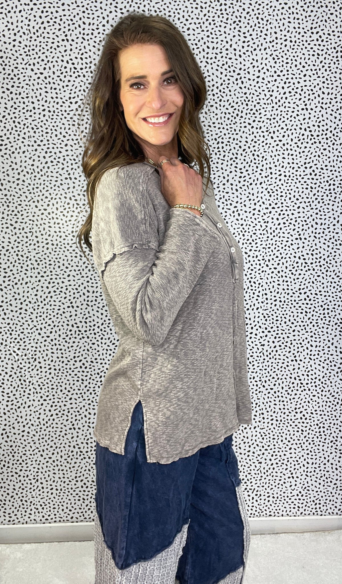 Never Lost Long Sleeve Henley Top In Heathered Charcoal *Final Sale*