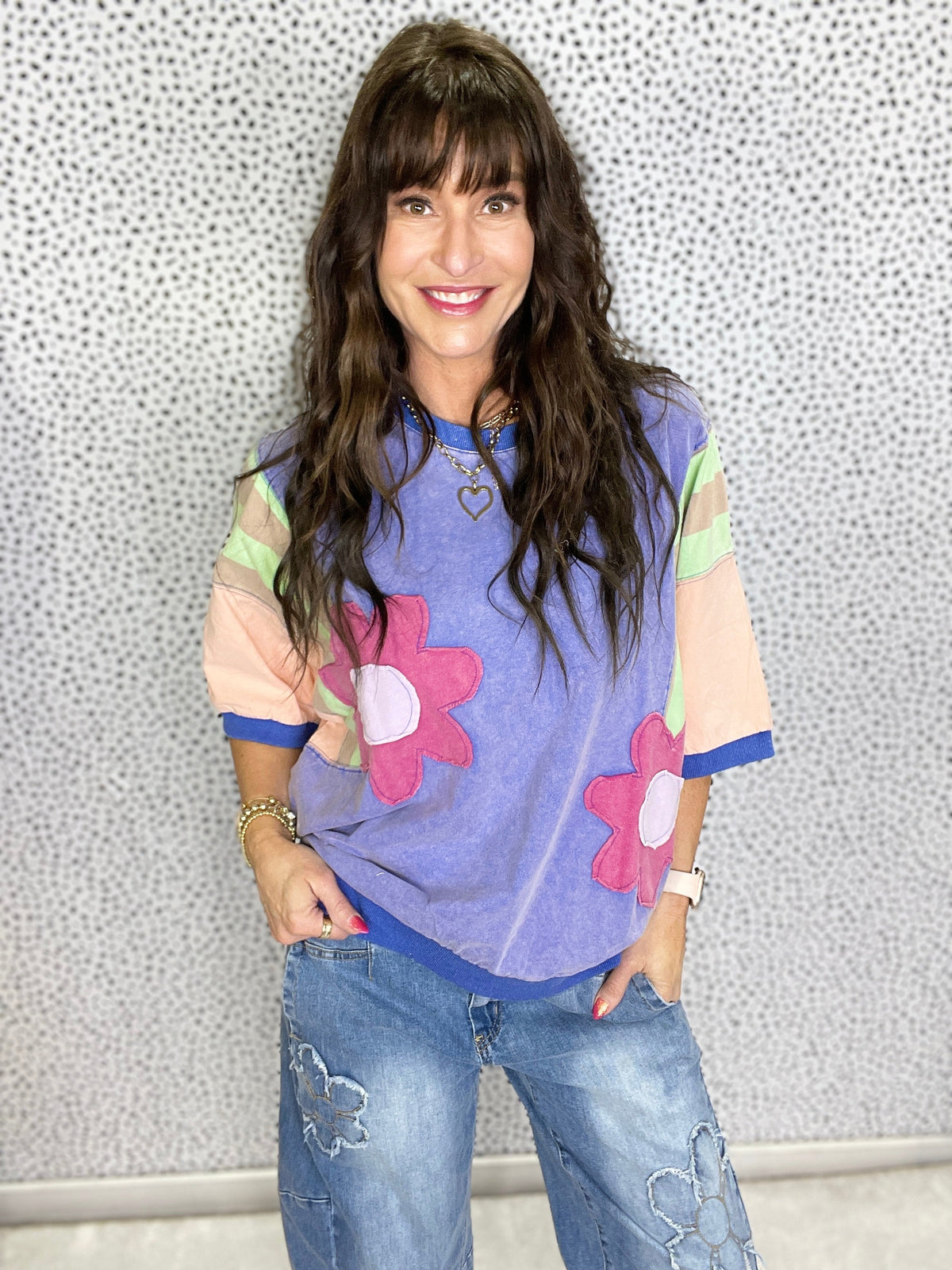 Blooming Marvelous Color Block Flower Patch Terry Knit Top In 3 Colors *Final Sale*