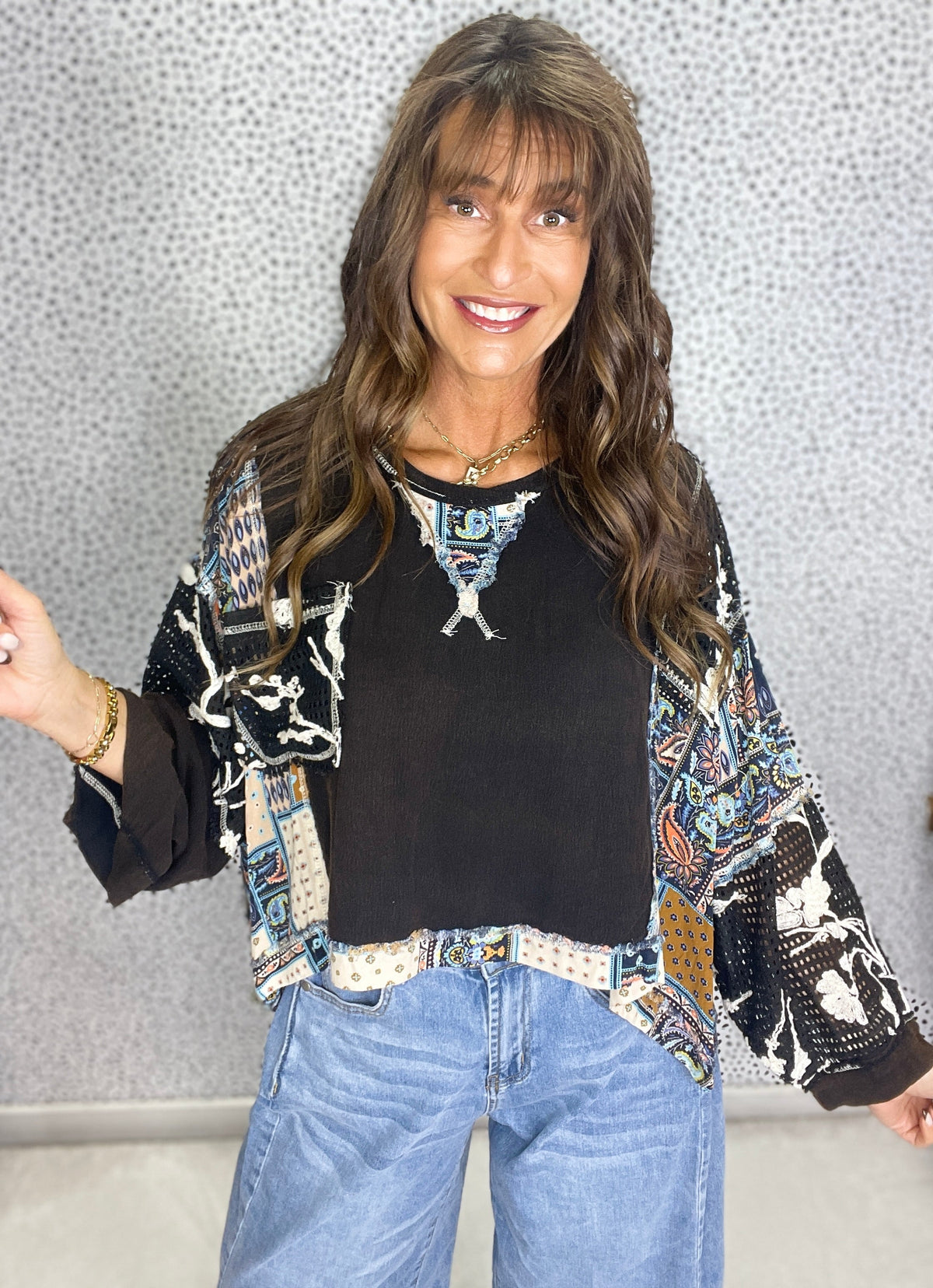 Pol Round Neck Balloon Sleeve Top