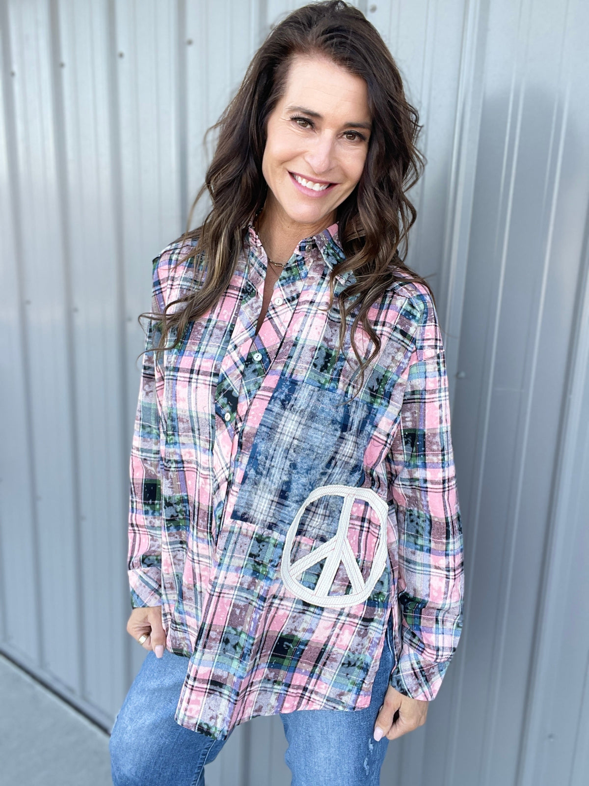 POL Groovy Grid Long Sleeve Plaid Cotton Button Up Top In 2 Colors: Blue, Pink *Final Sale*