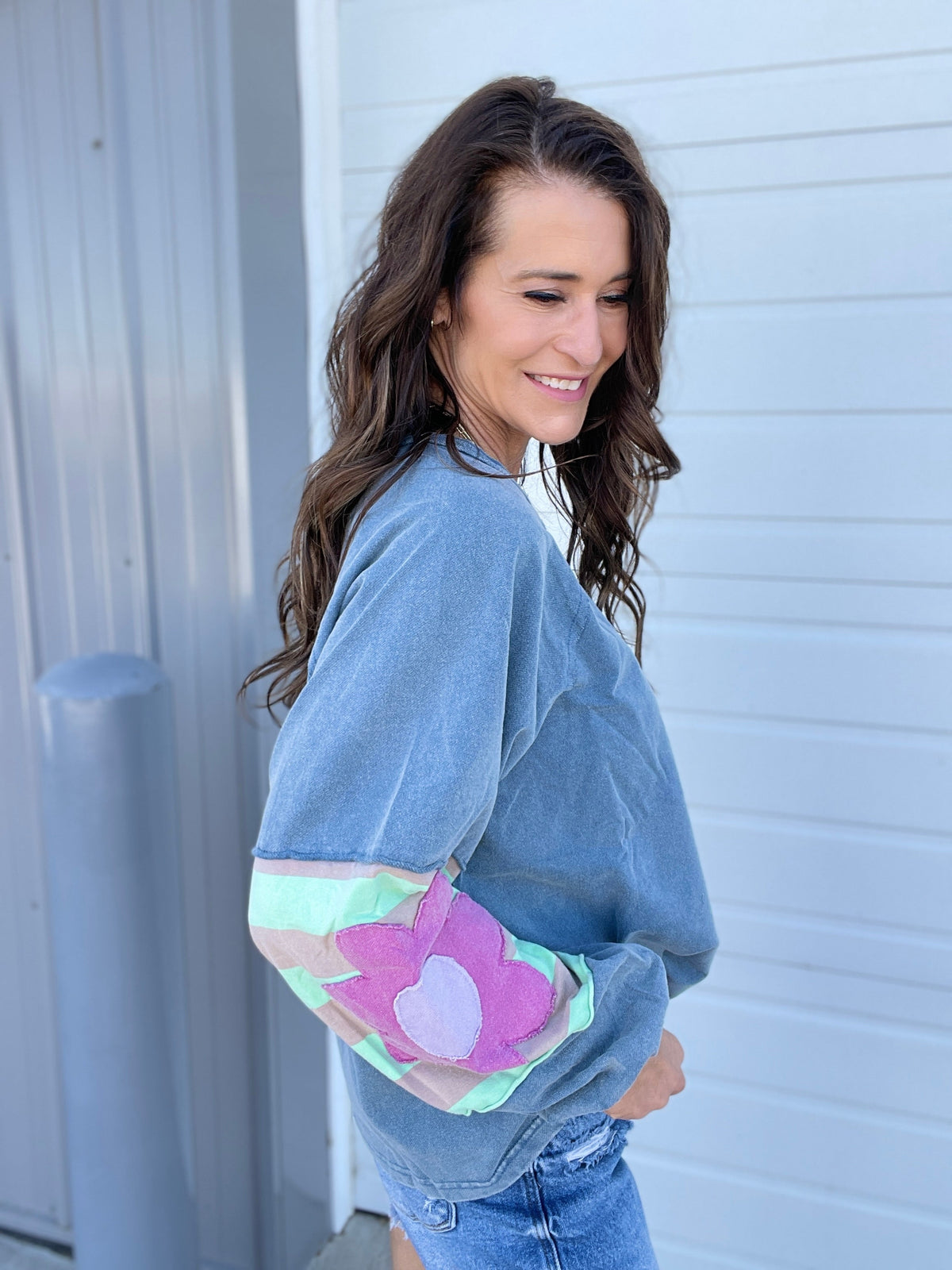 Faded Floral Patch Terry Knit Mineral Washed Long Sleeve Pullover in 4 Colors
