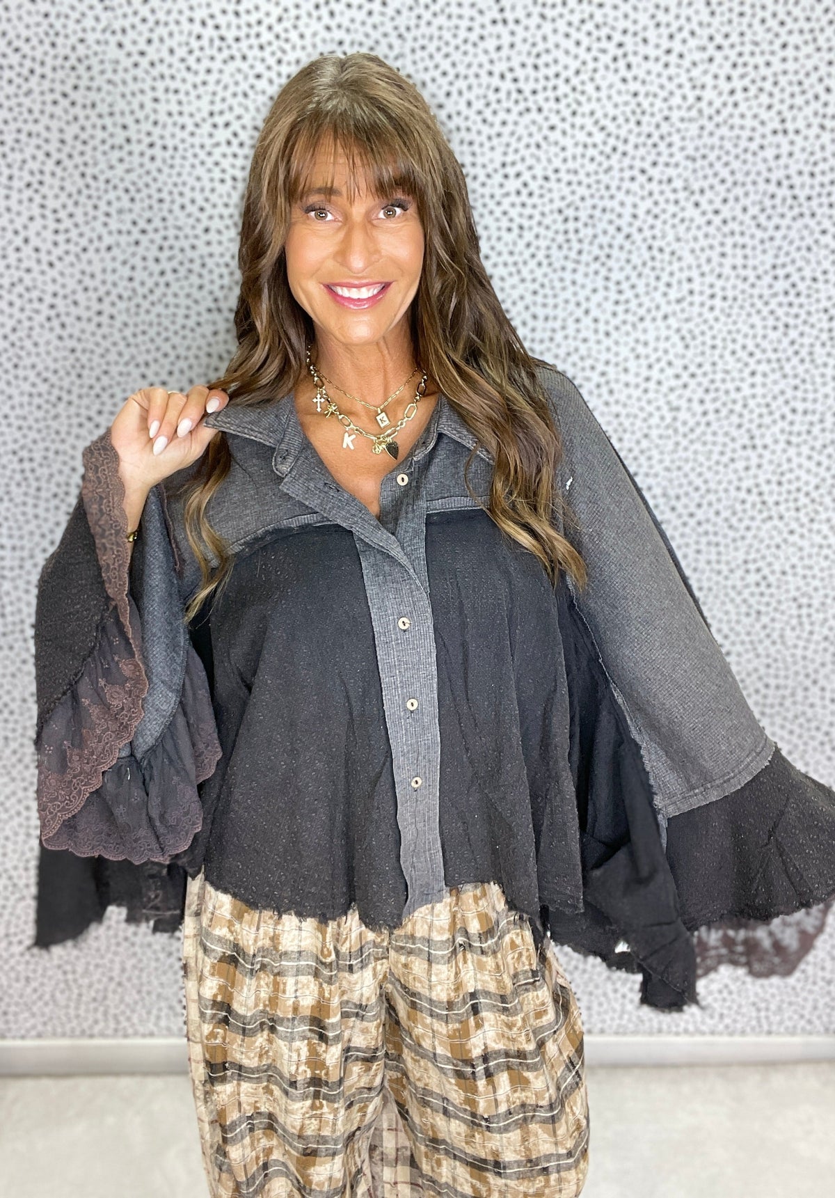 Midnight Ruffle Wing Button Top