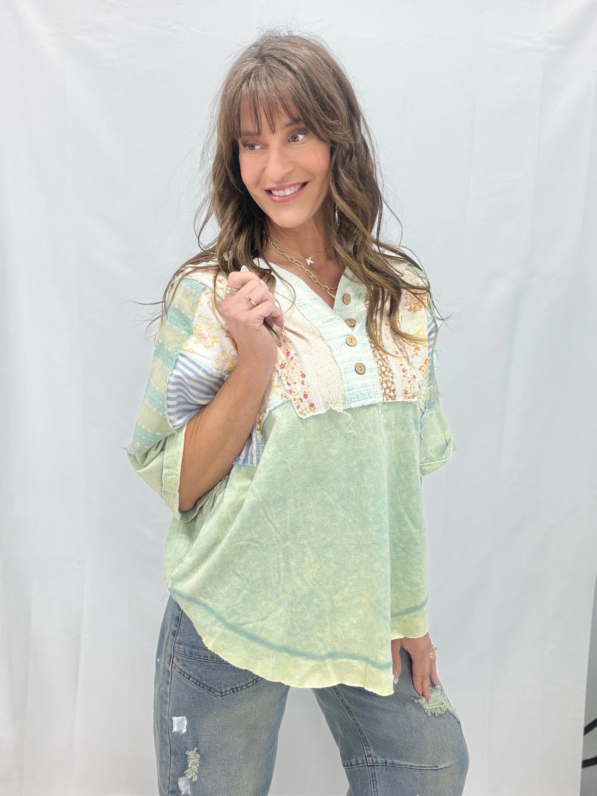 Oli & Hali Surprise For You Washed Half Placket Henley Neck Top *Final Sale*