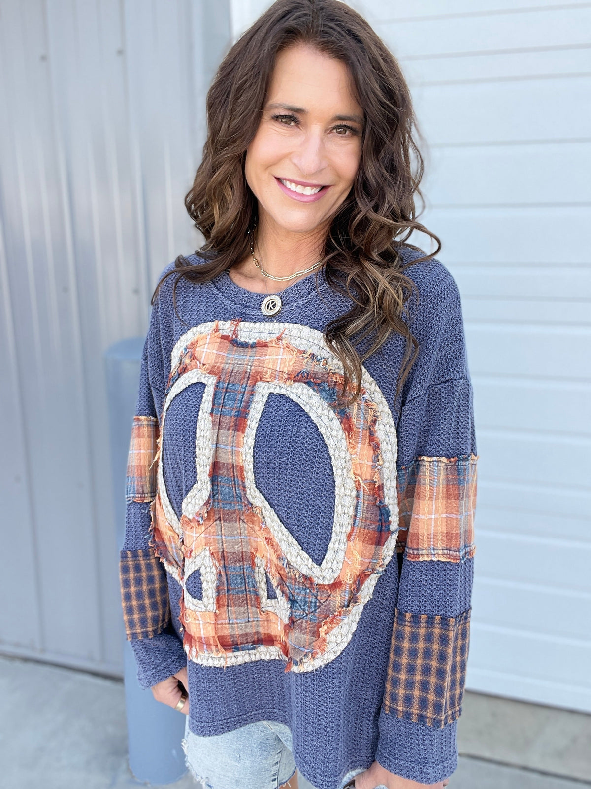 Oli & Hali Nothing But Peace Plaid Mix Long Sleeve Top In 2 Colors: Navy, Creme *Final Sale*