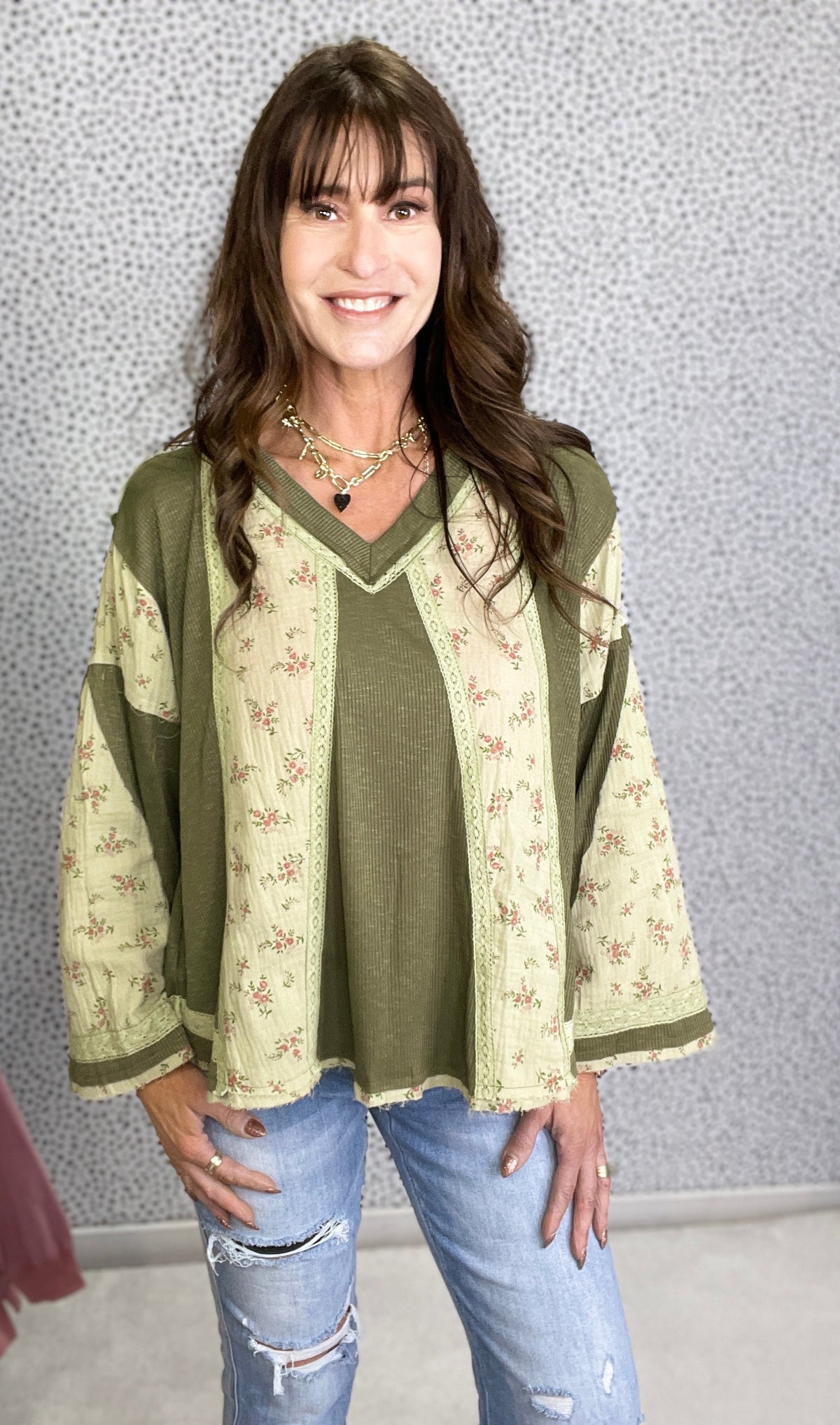 POL Bloom Bound Straight Long Sleeve V-Neck Top In Olive *Final Sale*