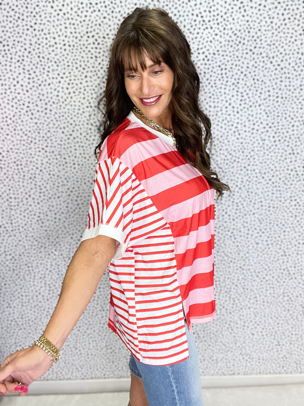 Gracie P Pink Stripe Color Block Side Split Easy Fit Top