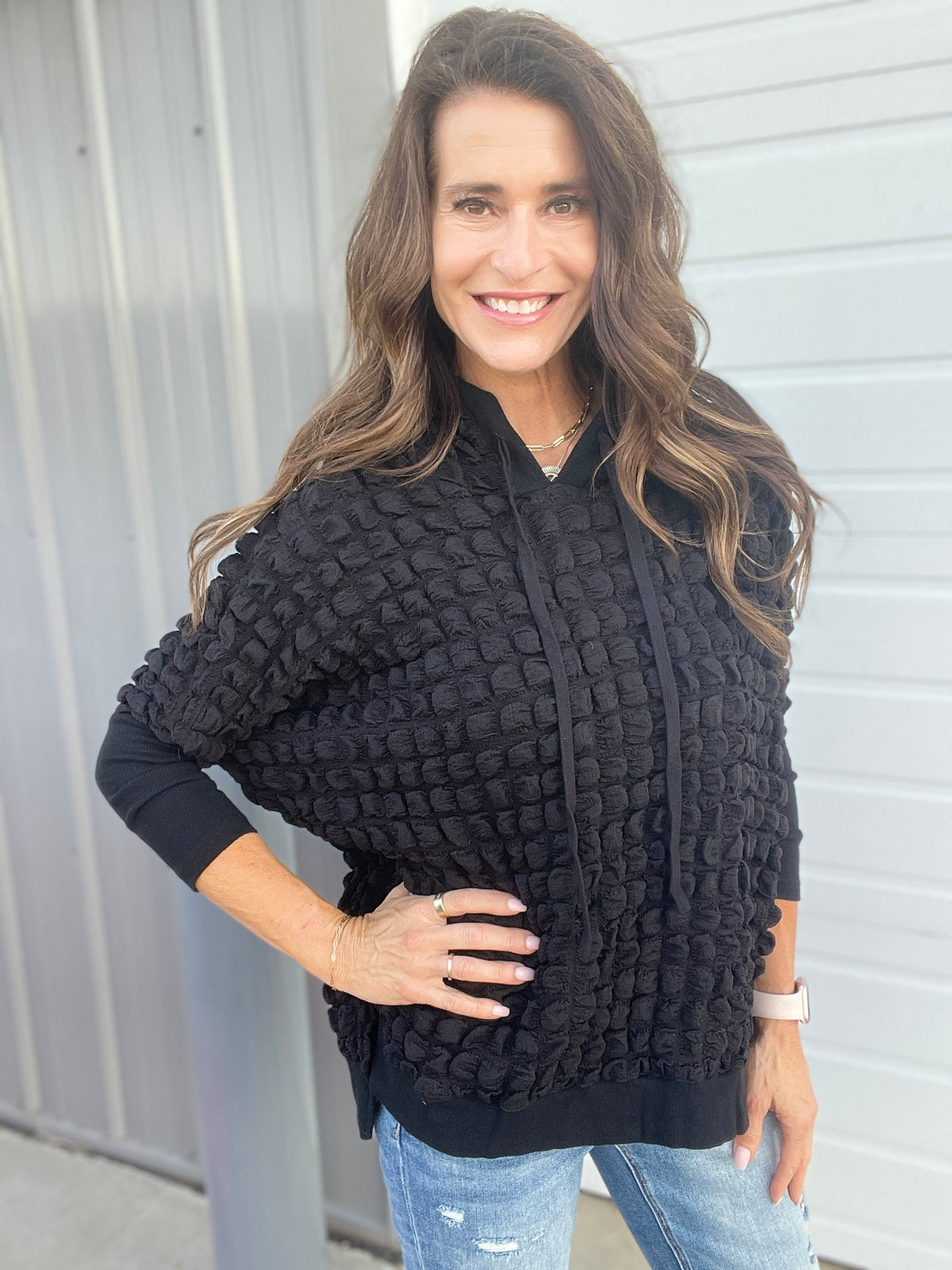 Bubbly Bliss Loose Fit Bubble Hoodie In 3 Colors: Black, Pink, Teal *Final Sale*