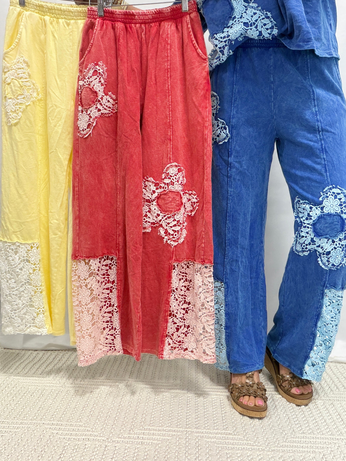 Floral Fun Crochet Patched Pants In 4 Colors