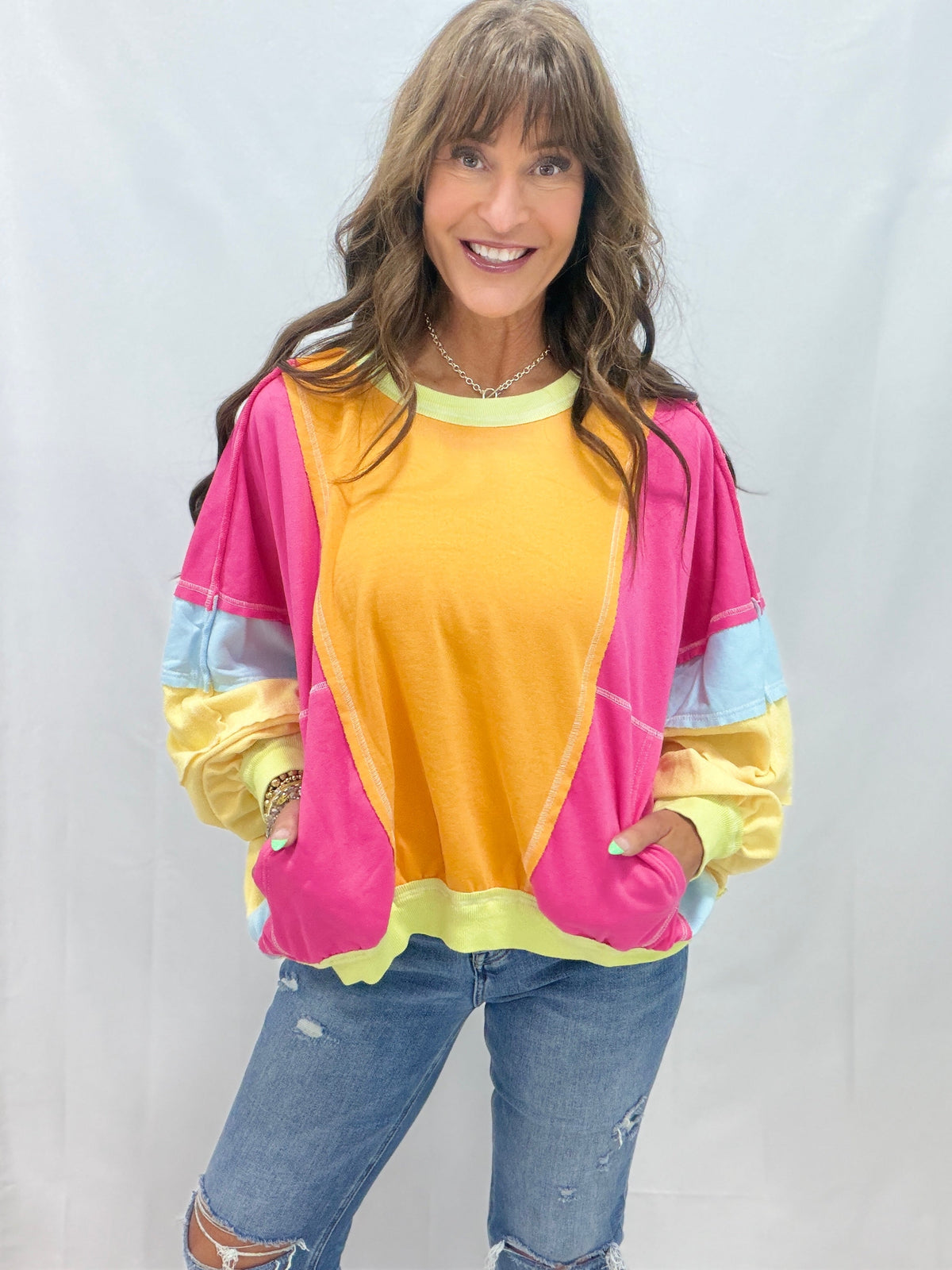 Comfy Babe Multi Color Yellow, Pink, Lime Raw Edge Terry Knit Pullover *Final Sale*