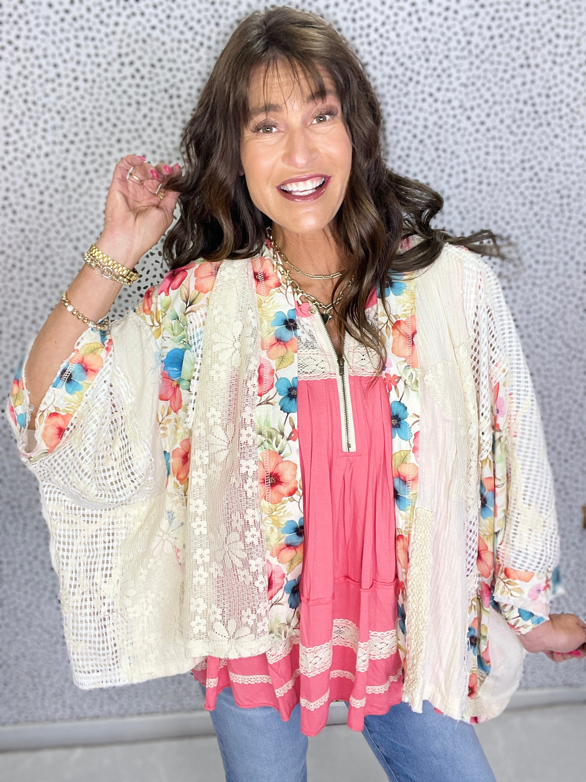 POL Dynamic Flare Open Floral Pattern Cardigan In Natural