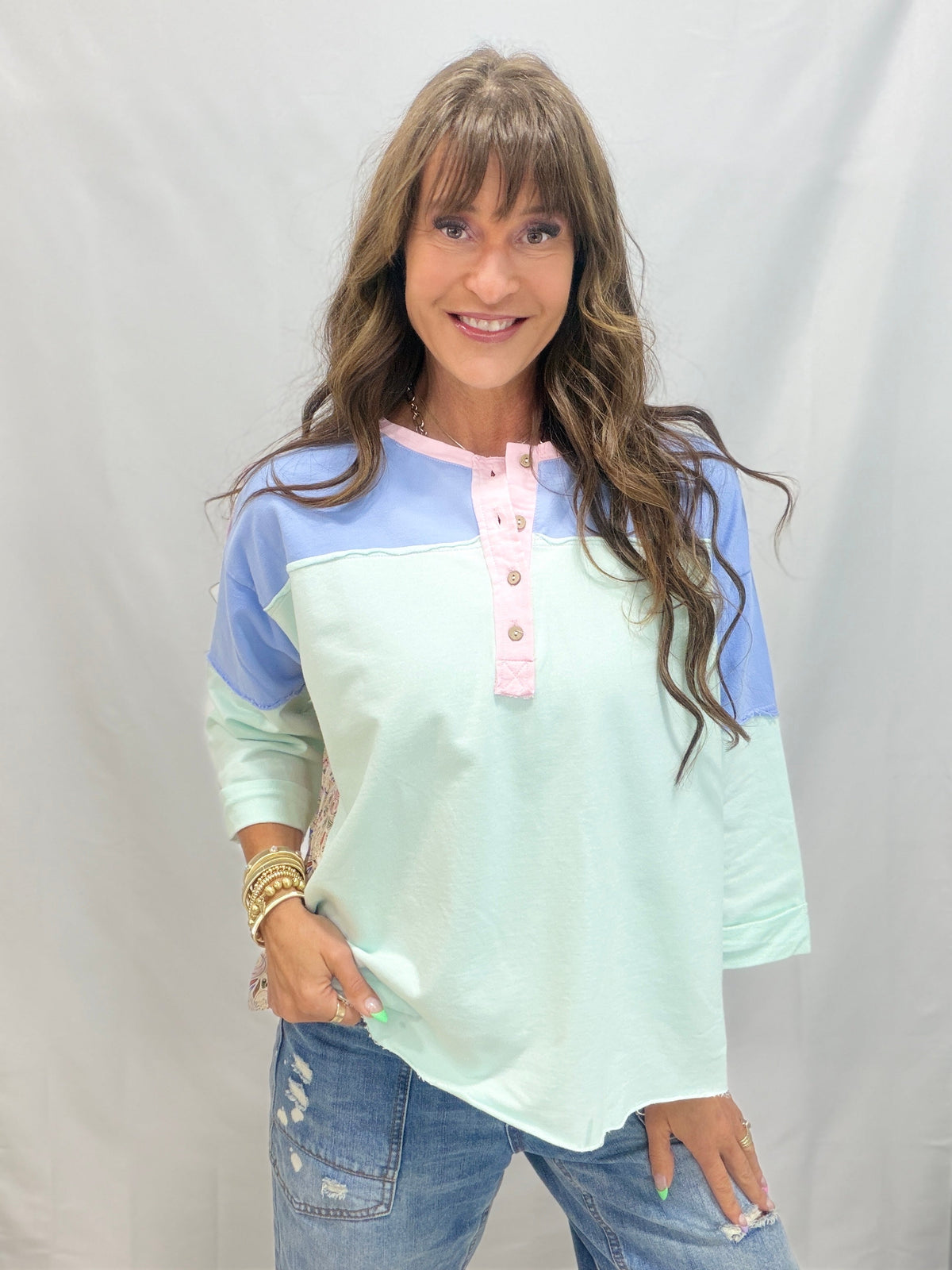 Boho Bliss Print Mix Color Block Terry Knit Henley In 3 Colors