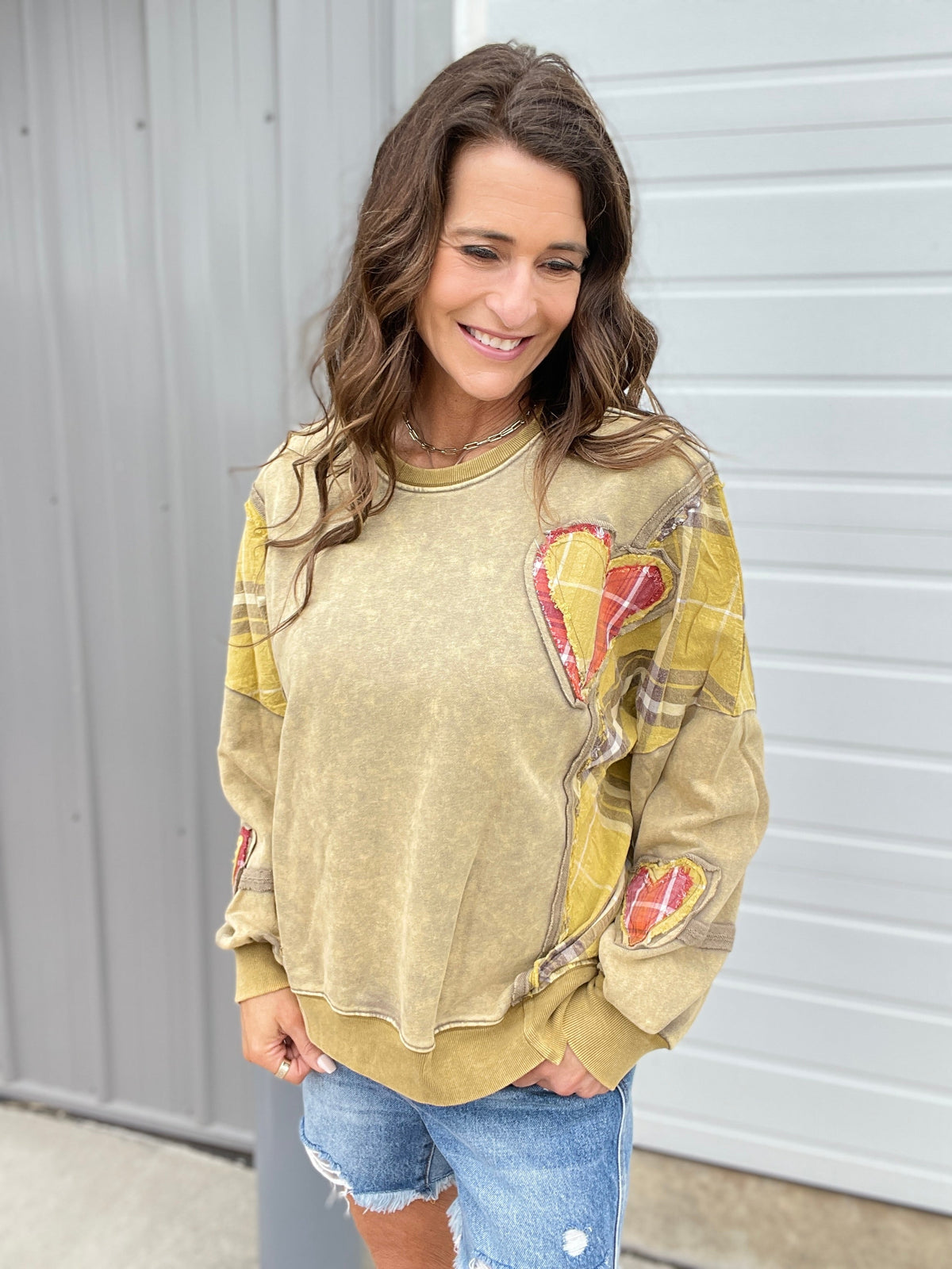 All My Heart Patch Mineral Washed Pullover In 2 Colors: Golden, Pumpkin