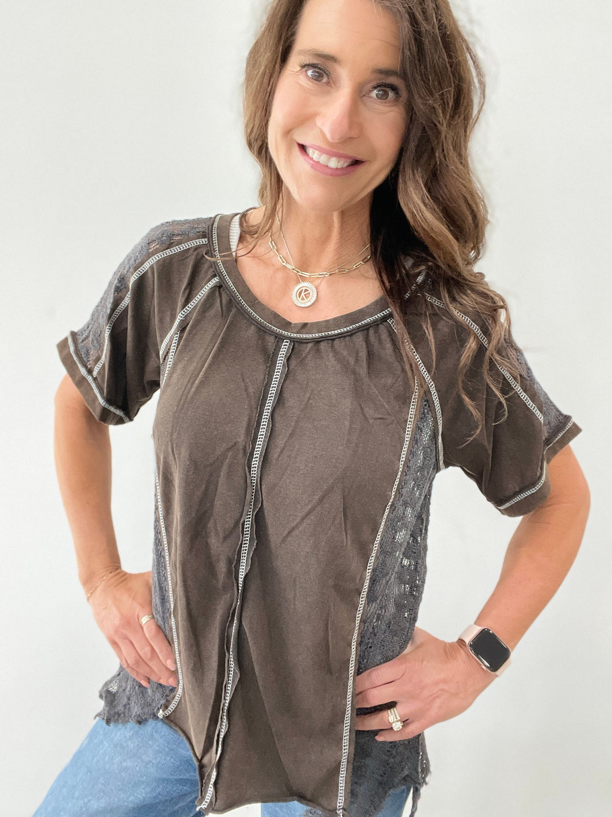 Pol Loose And Lacy Short Sleeve Top In 2 Colors: Black, Green *Final Sale*