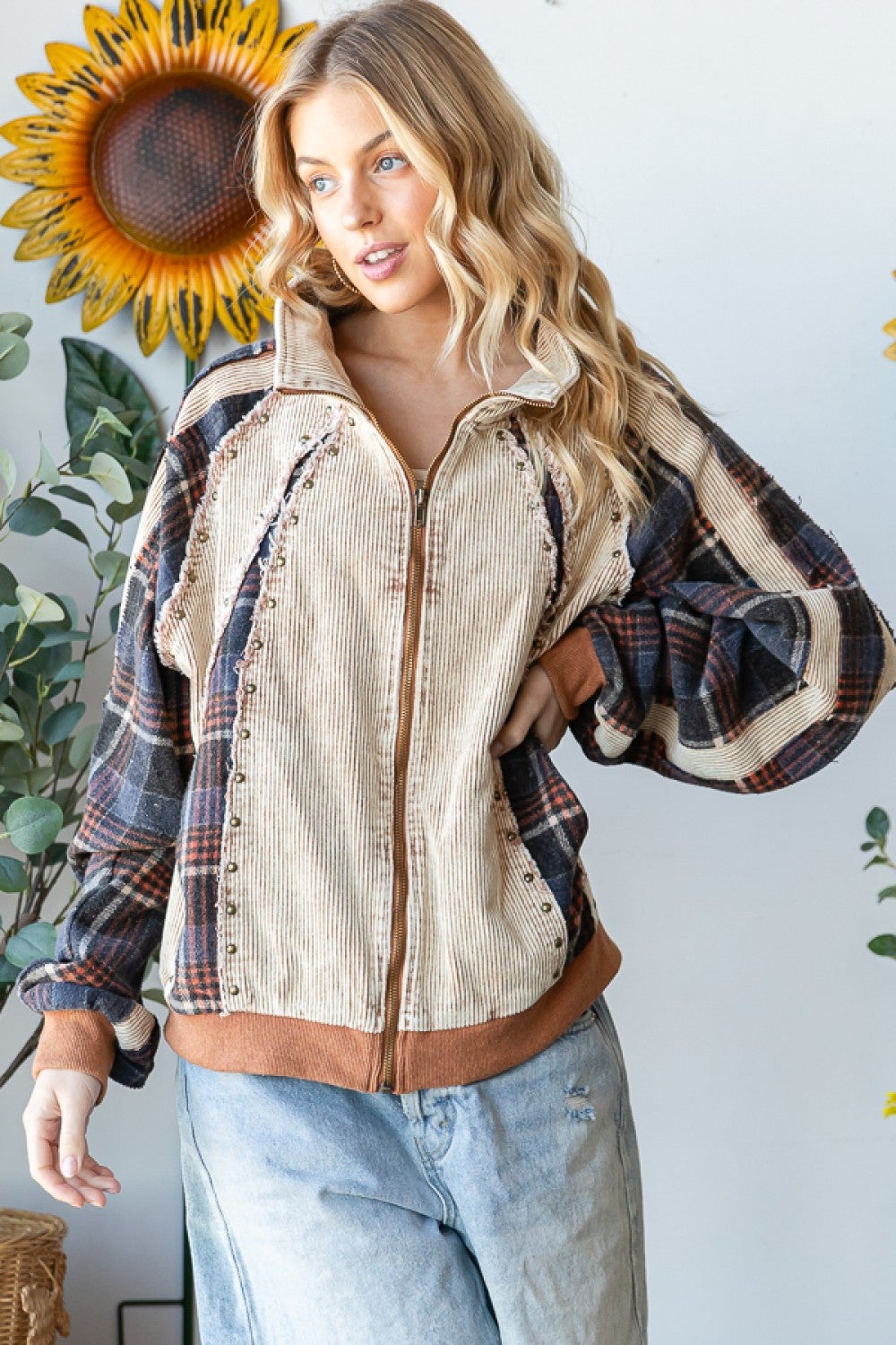 Oli & Hali Total Transfer Plaid Mix Jacket In 2 Colors: Cream, Camel