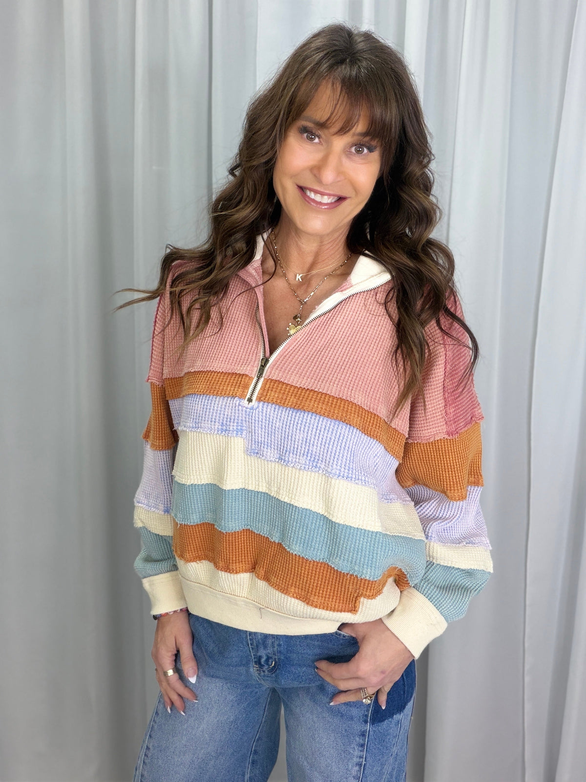 Oli & Hali Go Right Through Color Thermal Knit Block Pullover In Pink *Final Sale*