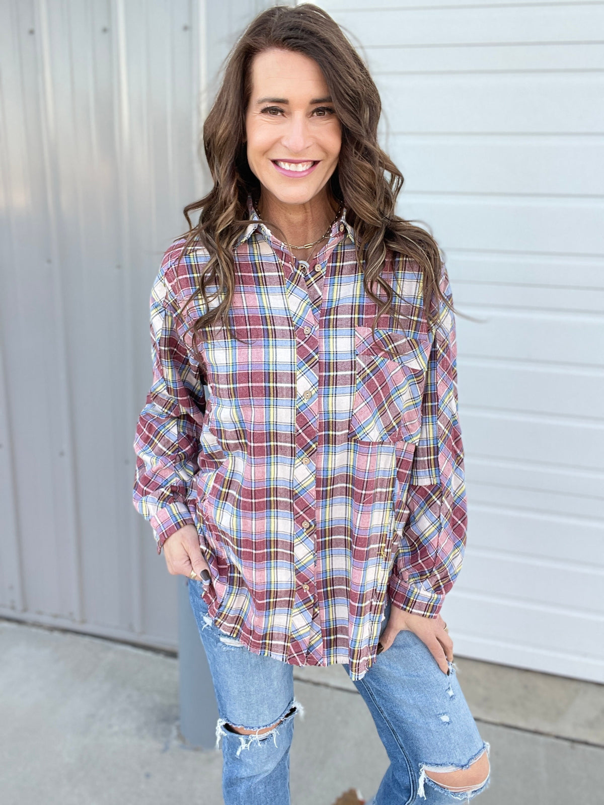 Fav All The Way Crinkled Plaid Button Front Shirt In 2 Colors