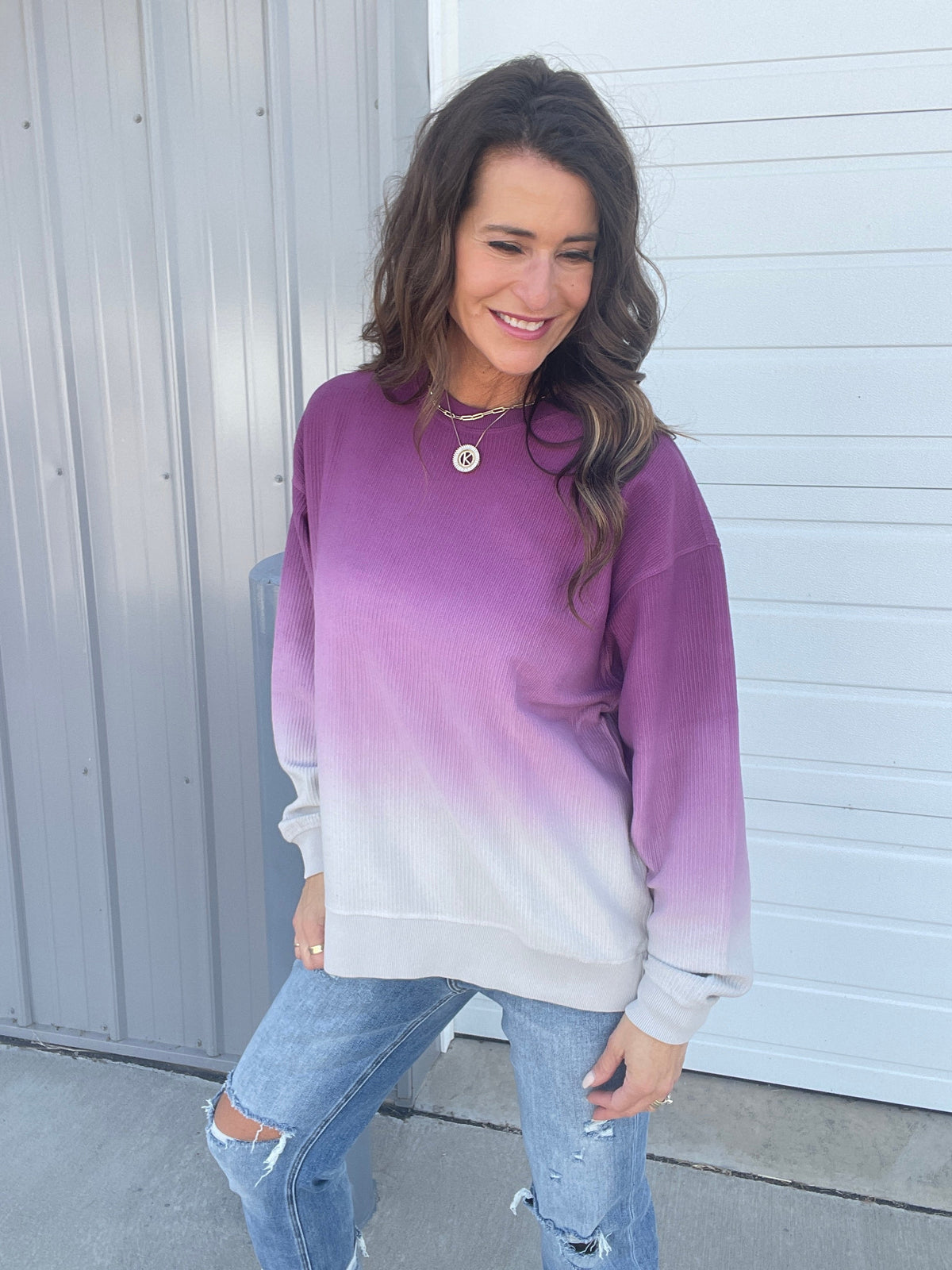 Ombre Plum Ice Snow Washed Corded Crewneck Pullover Sweatshirt *Final Sale*