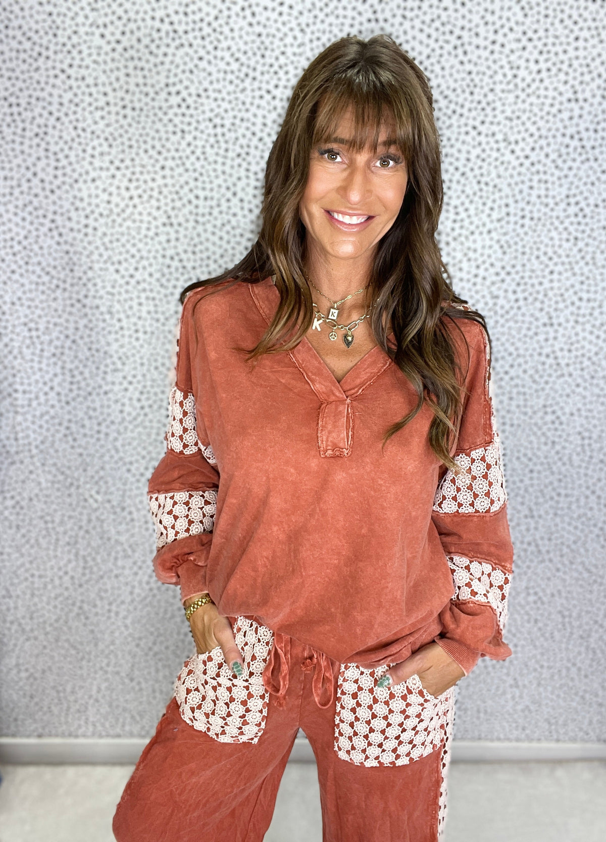 Mineral Wash V Neck Floral Detailed Terry Top In 6 Colors