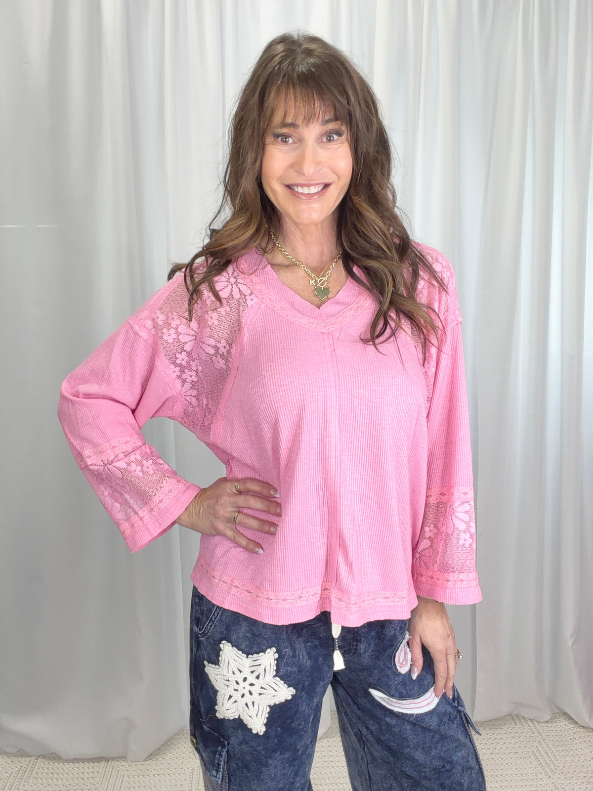 Pol Luna Lace Long Sleeve Ribbed Top In 3 Colors